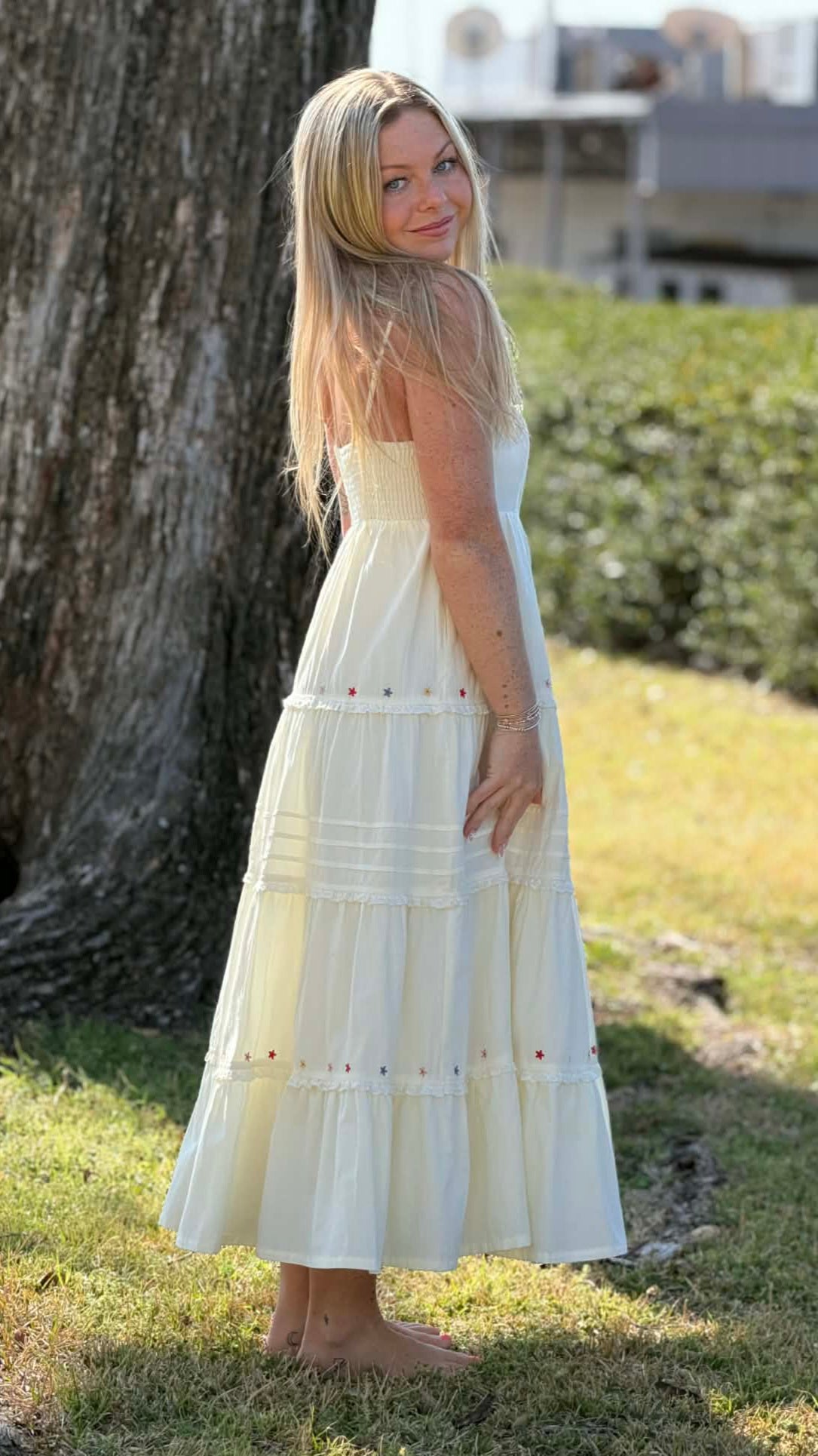 Ivory Bloom Embroidered Tiered Maxi Dress