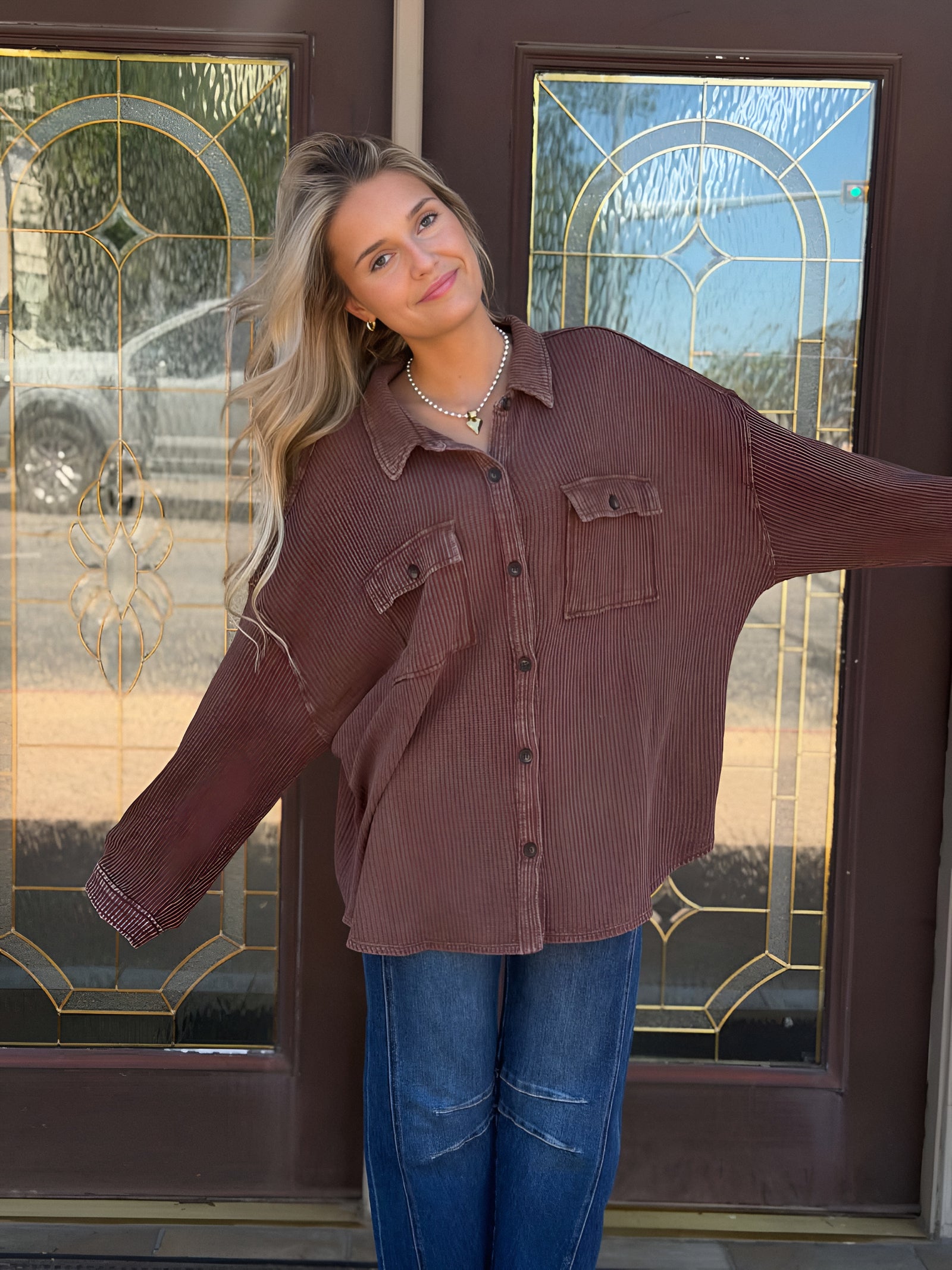 Weekend Wanderer Mineral Wash Waffle Knit Shacket in 2 Colors