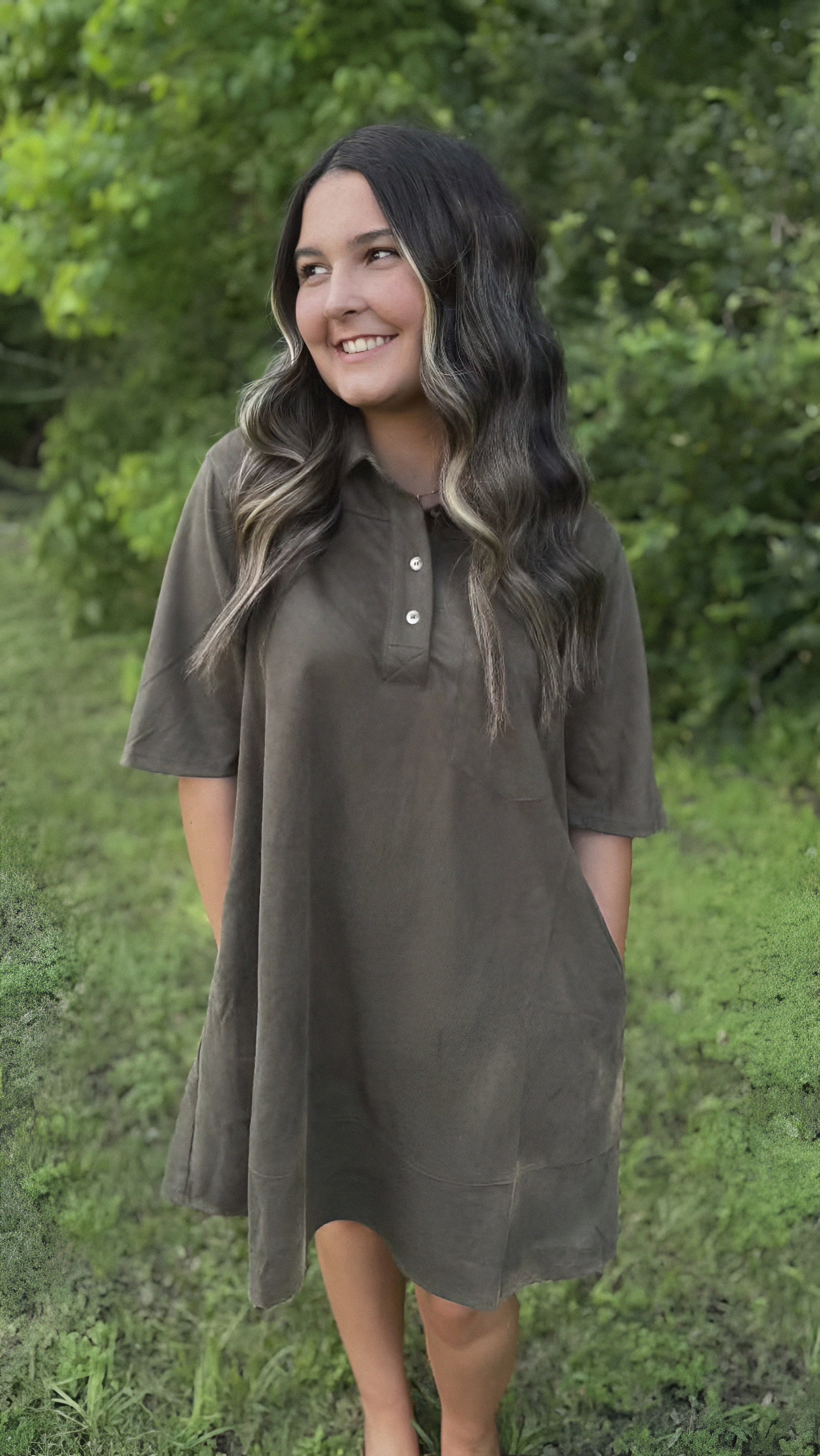 Collared Suede Mini Dress with Pockets In Dep Green