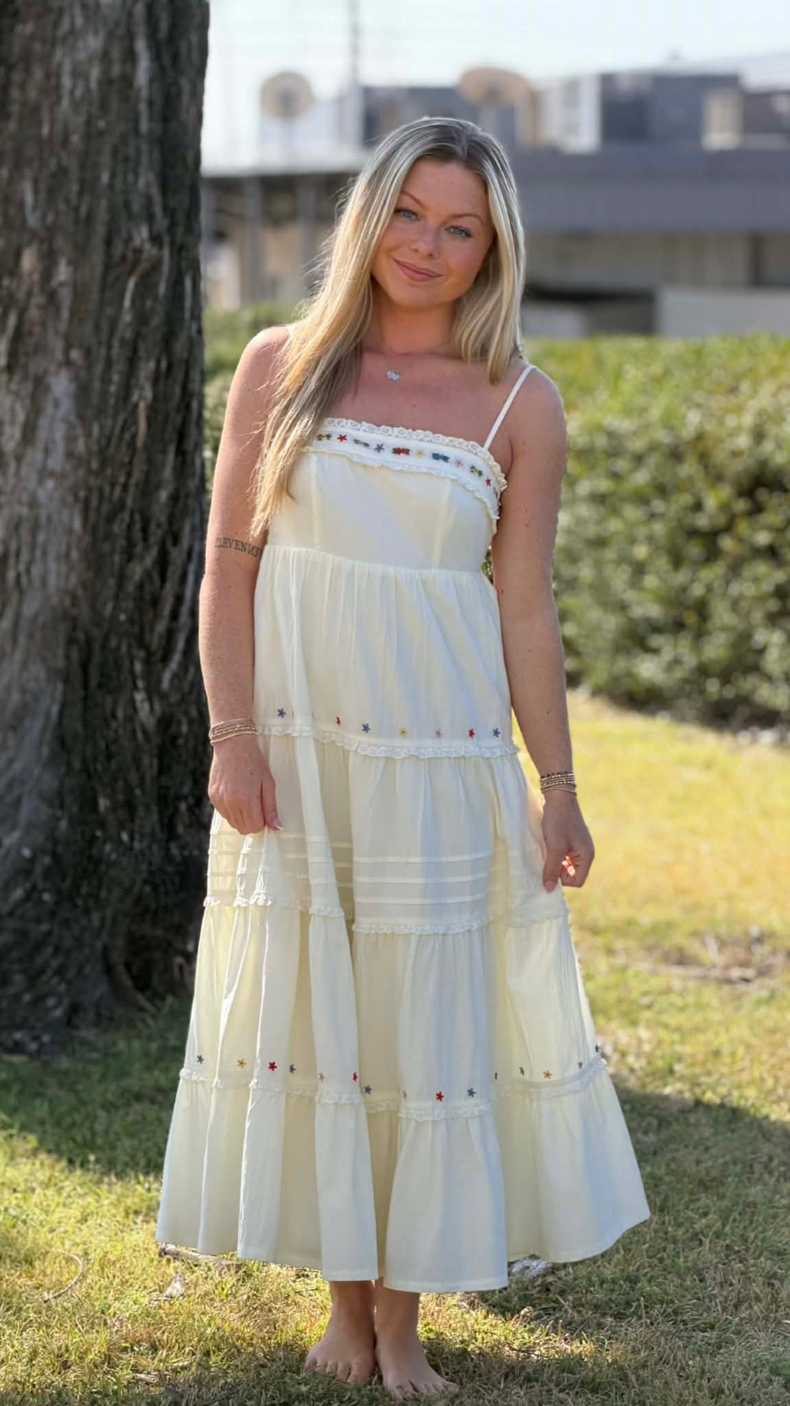 Ivory Bloom Embroidered Tiered Maxi Dress
