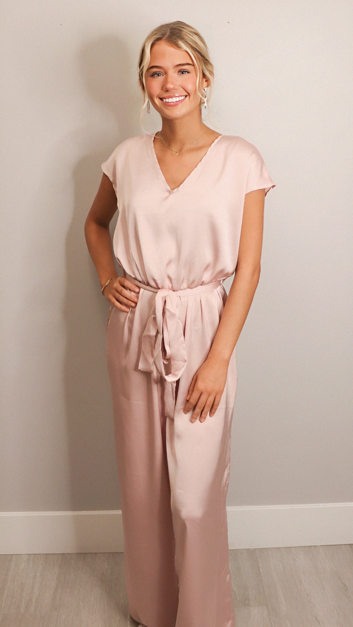 V-Neck Jumpsuit with Waist Tie in Mauve