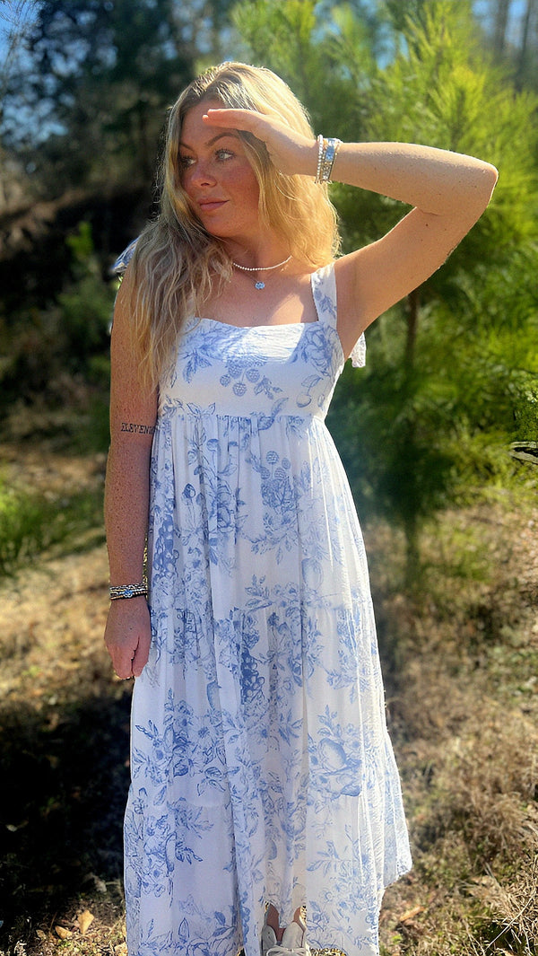 Fruit Blossom Tiered Midi Dress in Blue - Island Tans Gift Boutique