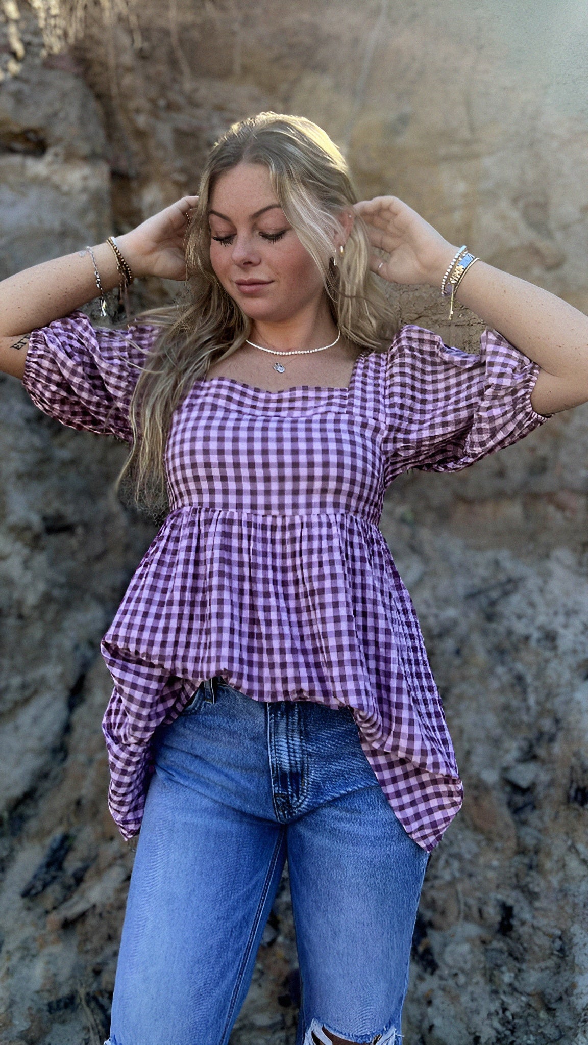 Striped Smock Square Neck Top in Pink Check