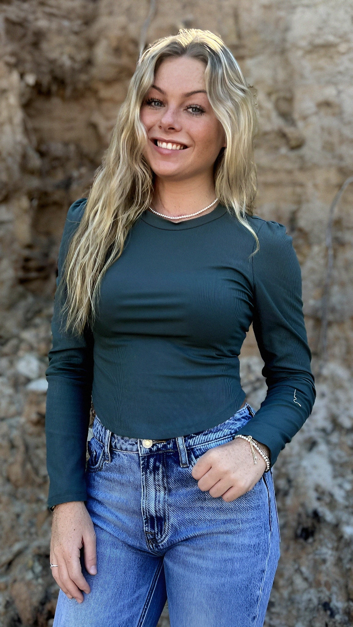 Fitted Ribbed Long Sleeve Top in Deep Green