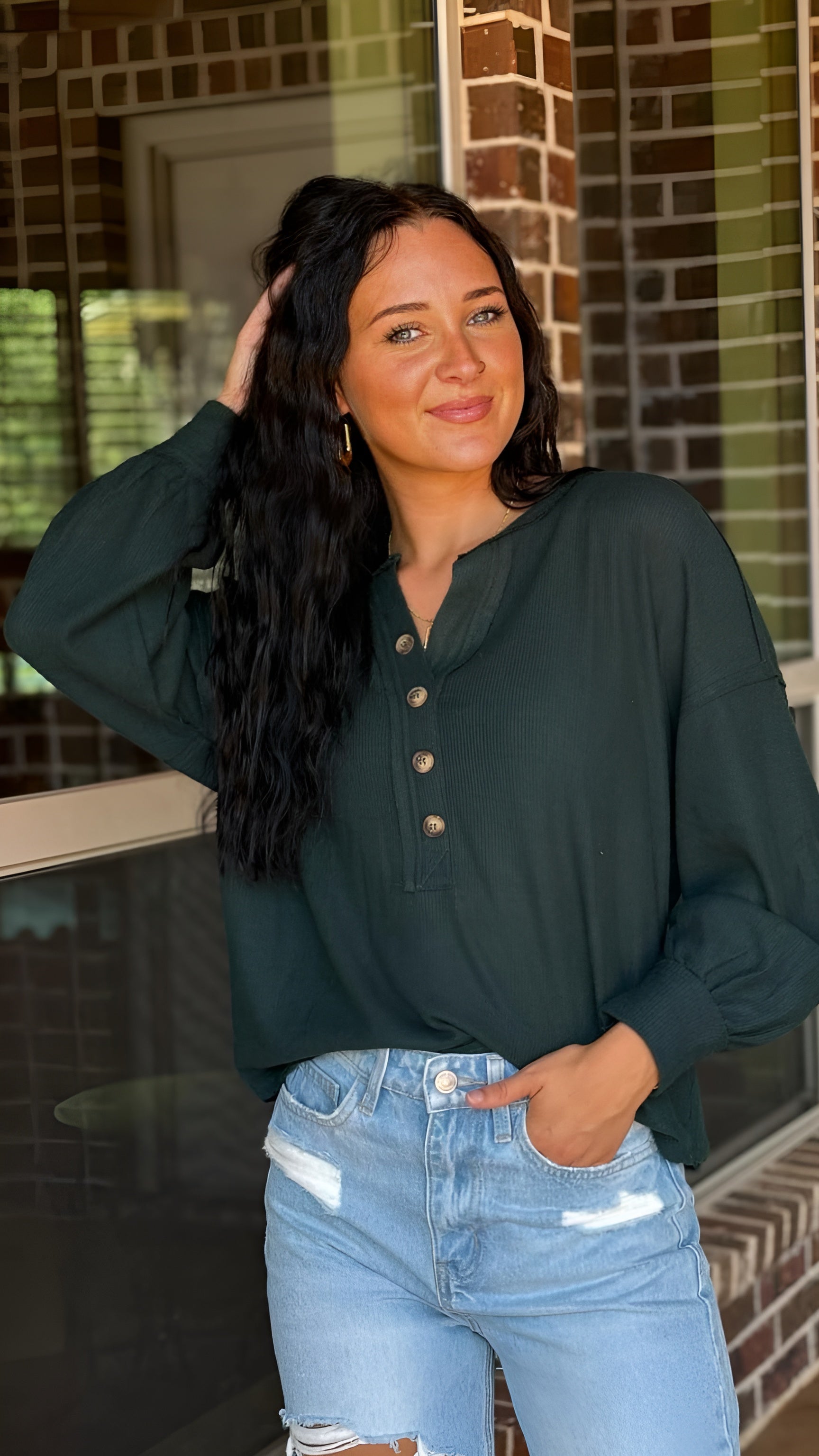 Lightweight V-neck Half Button Long Sleeve Top in 2 Colors