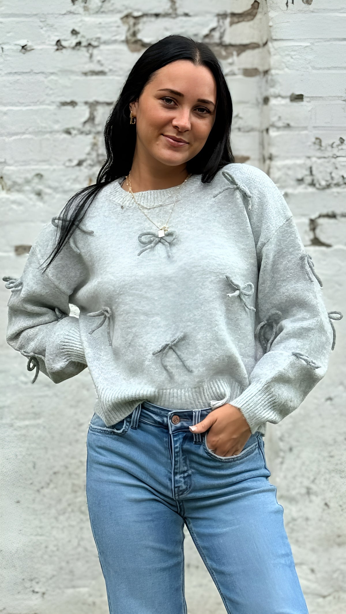 Bow Detailed Brushed Sweater in Grey