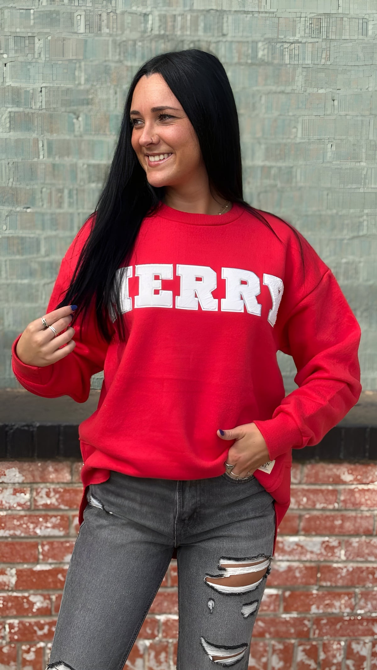 SC Comfy Round Here &quot;Merry&quot; Applique in Red Sweatshirt