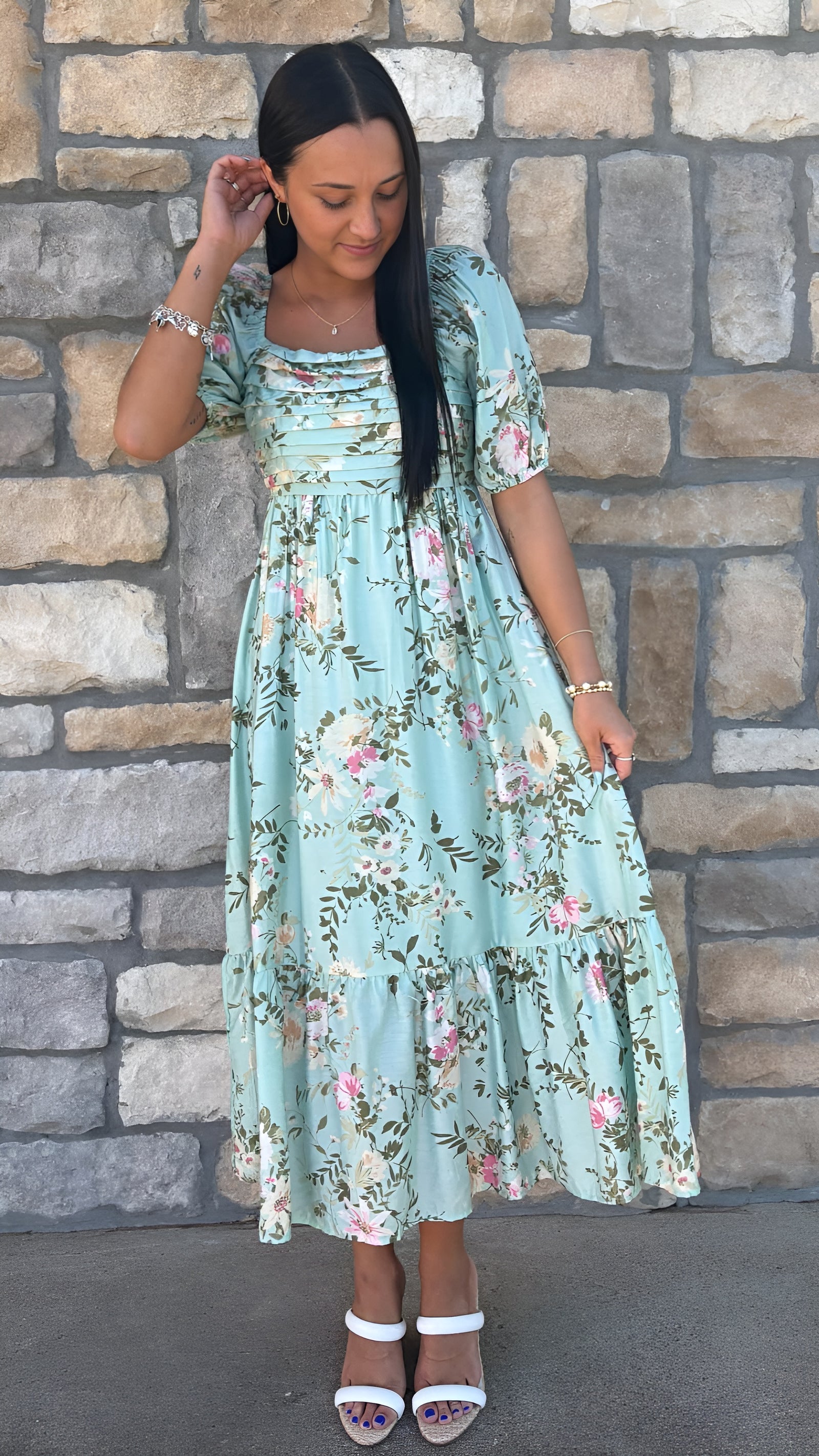 Floral Pleated Front Balloon Sleeve Midi Dress