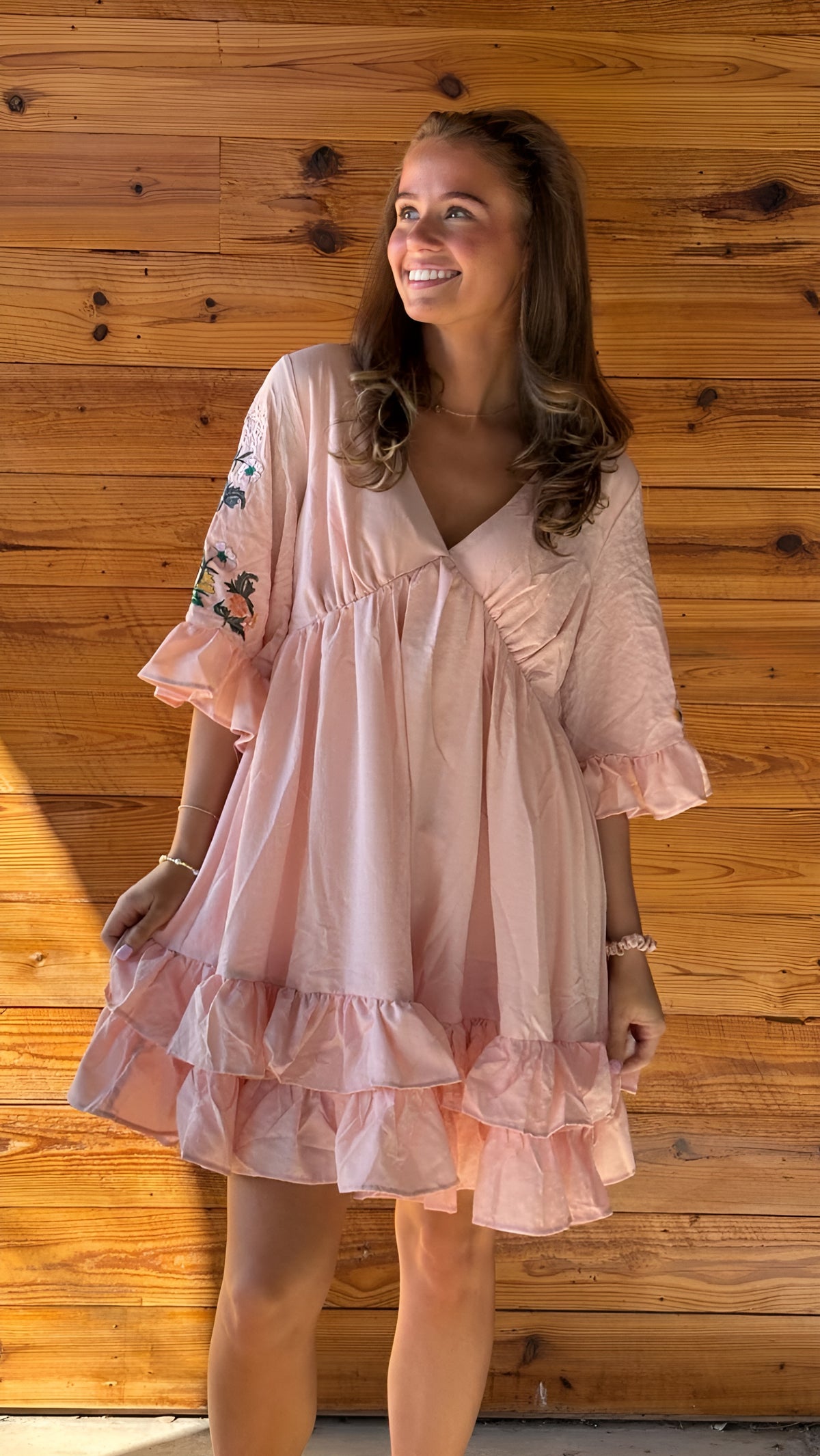 Floral Embroidery Half Sleeve Babydoll Dress