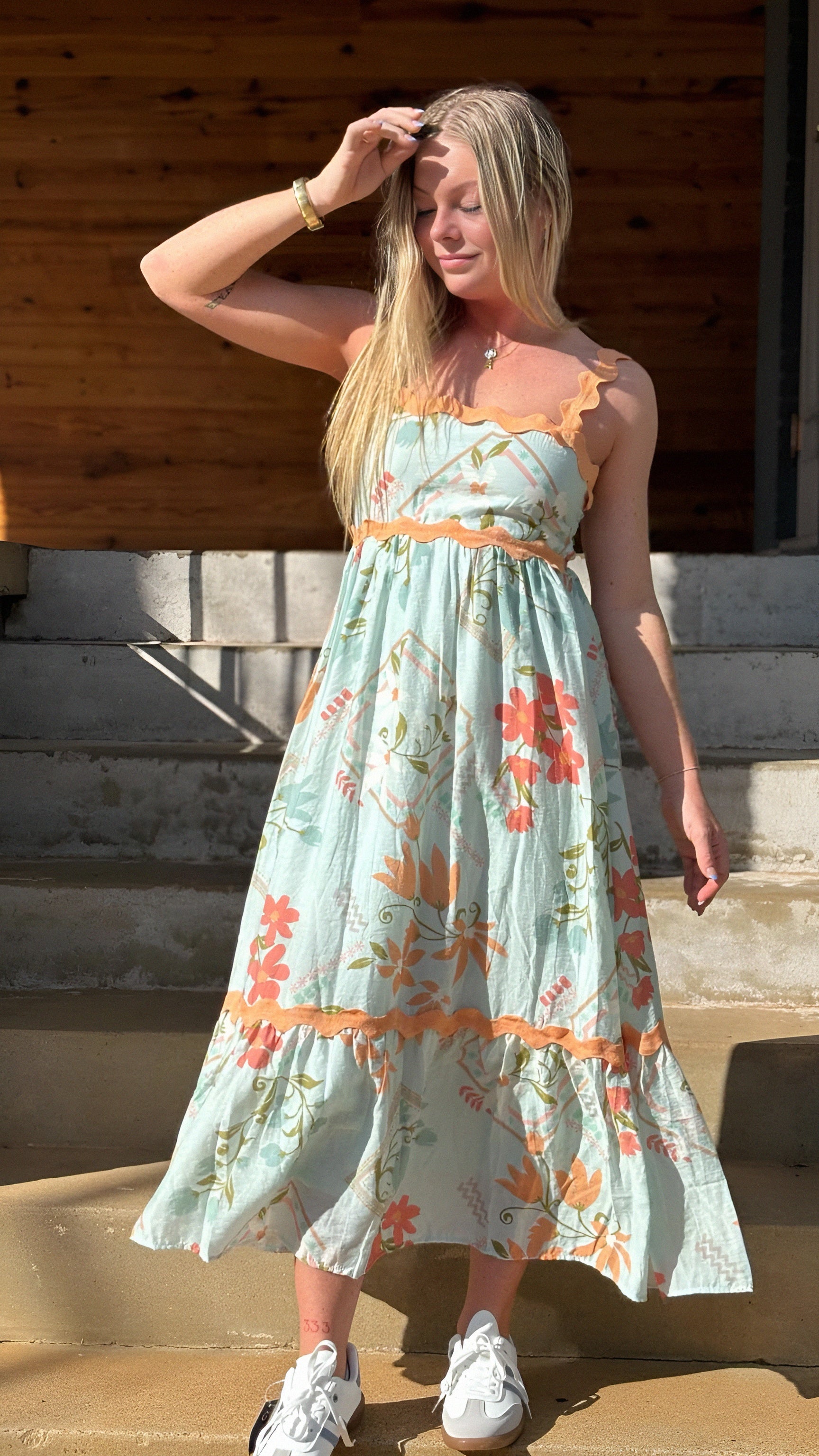 Sleeveless Mint Maxi Dress with Scallop Coral Trim