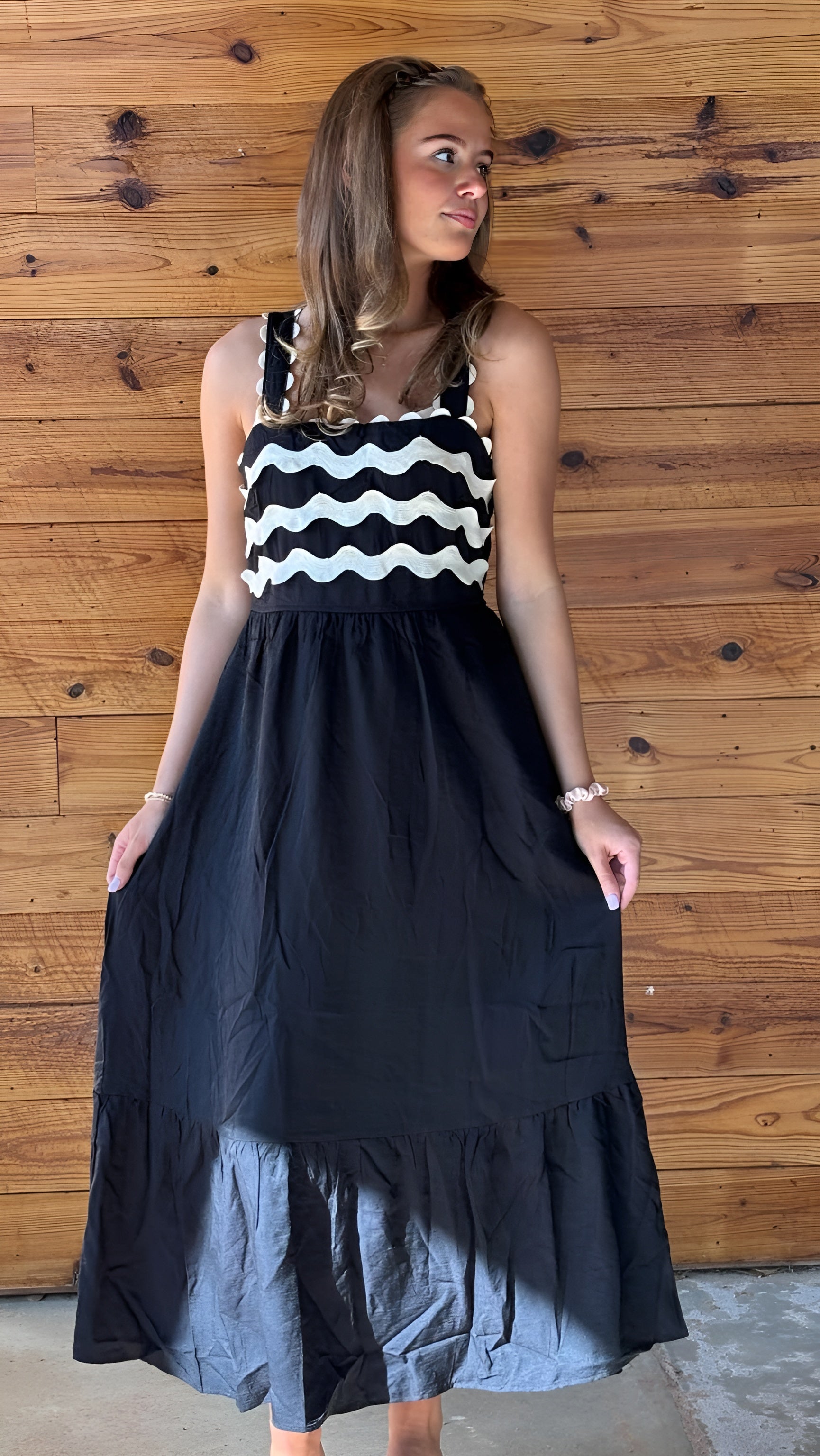 Black Sleeveless Maxi Dress with Ivory Scallop Detail