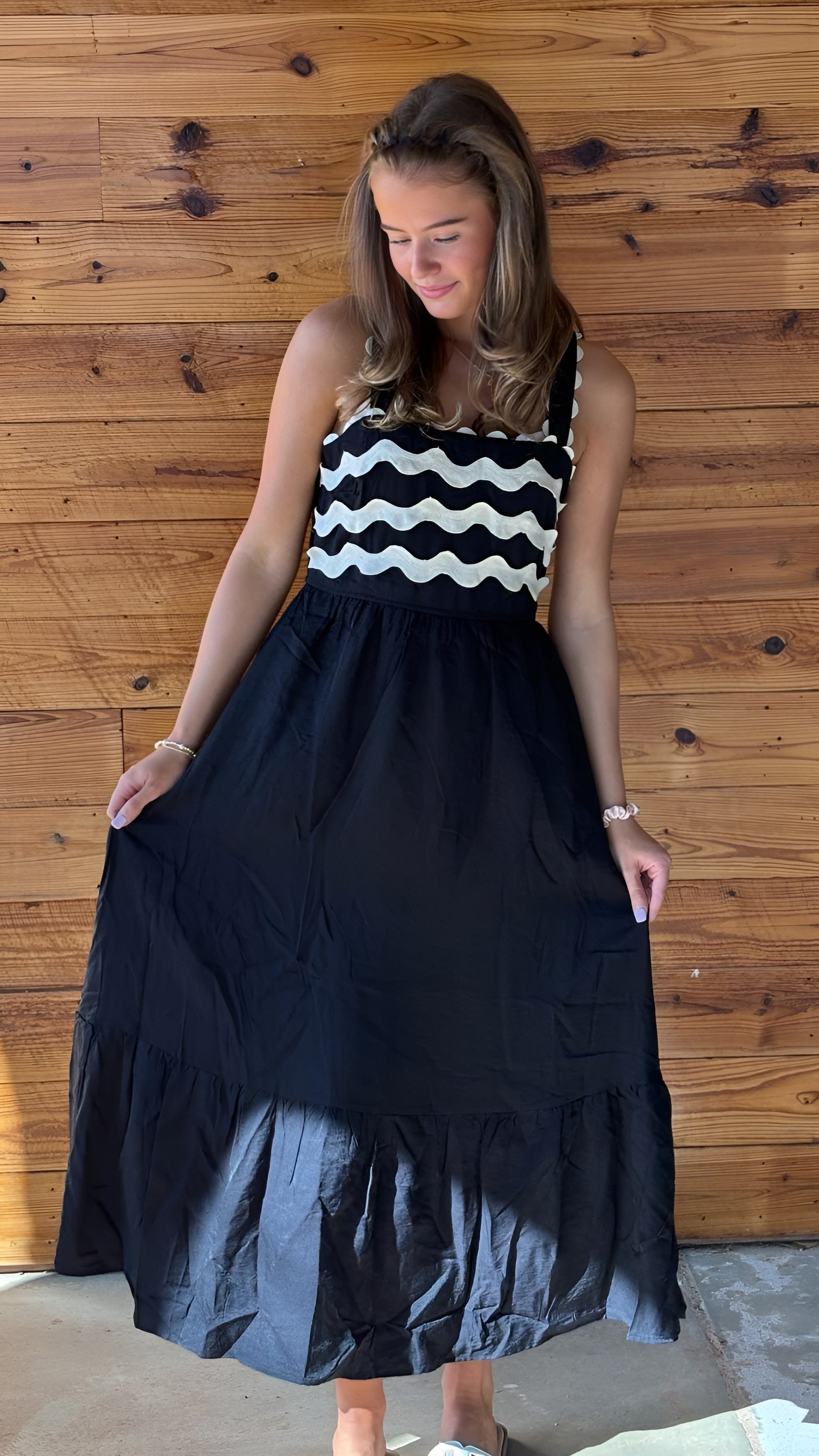 Black Sleeveless Maxi Dress with Ivory Scallop Detail