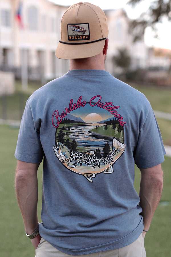 Burlebo River Fish Pocket Tee on Heather Blue Jean