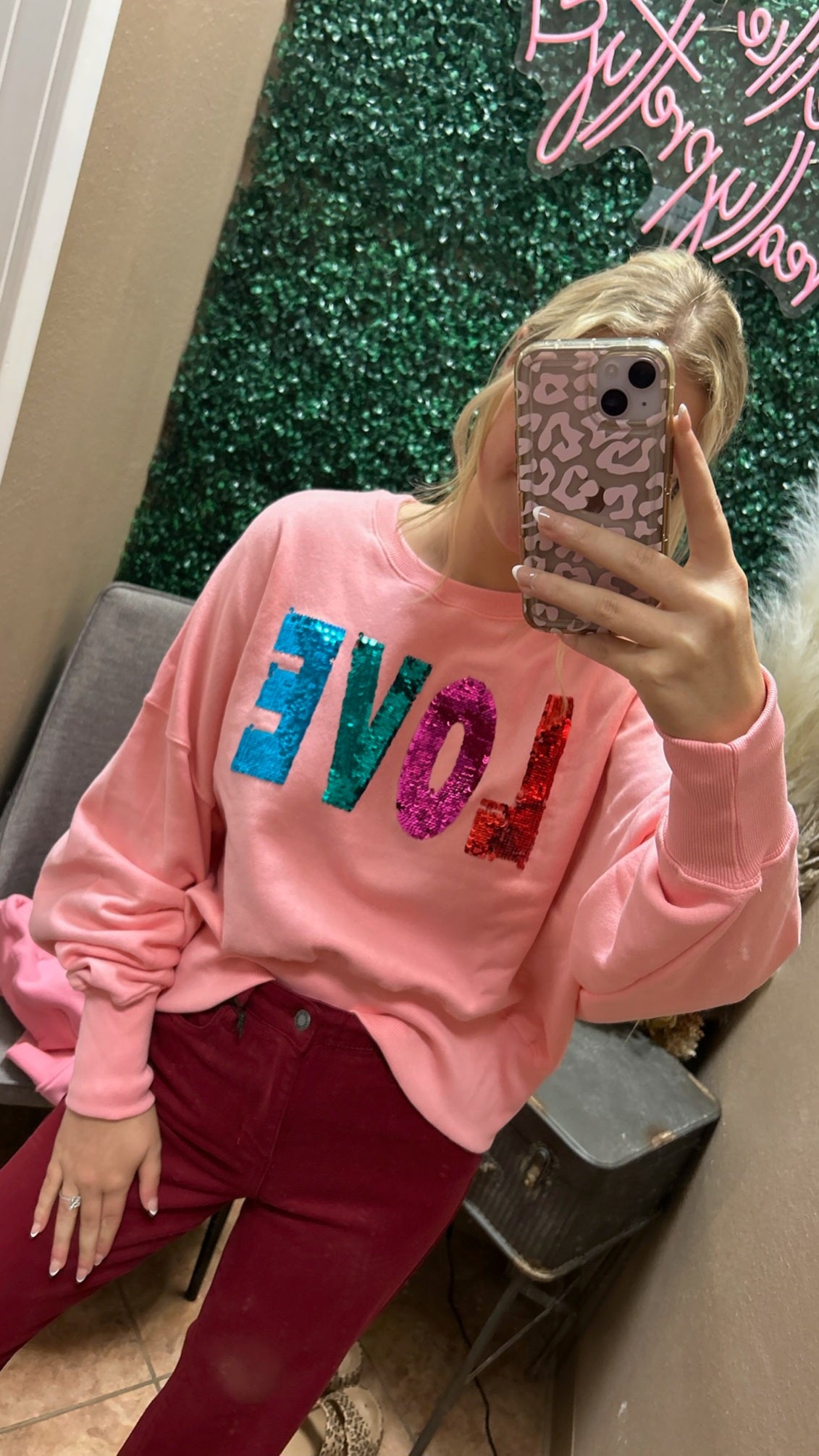 Pink "LOVE" sequin top