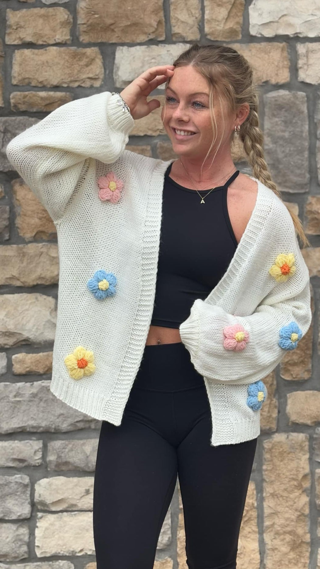 Crochet Flower Open Front Knit Cardigan