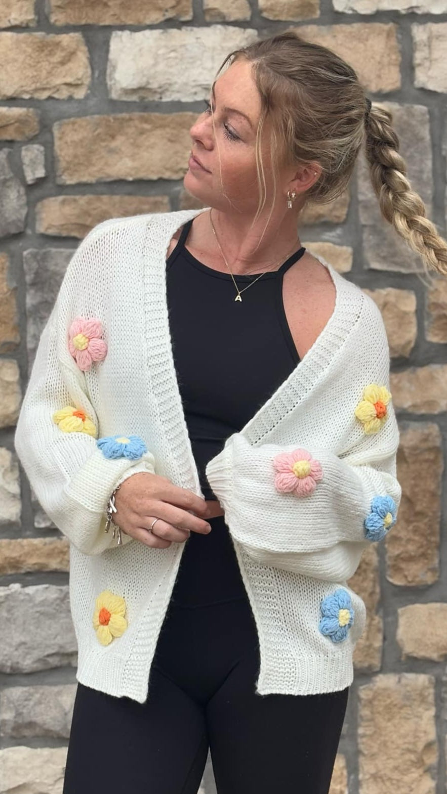 Crochet Flower Open Front Knit Cardigan