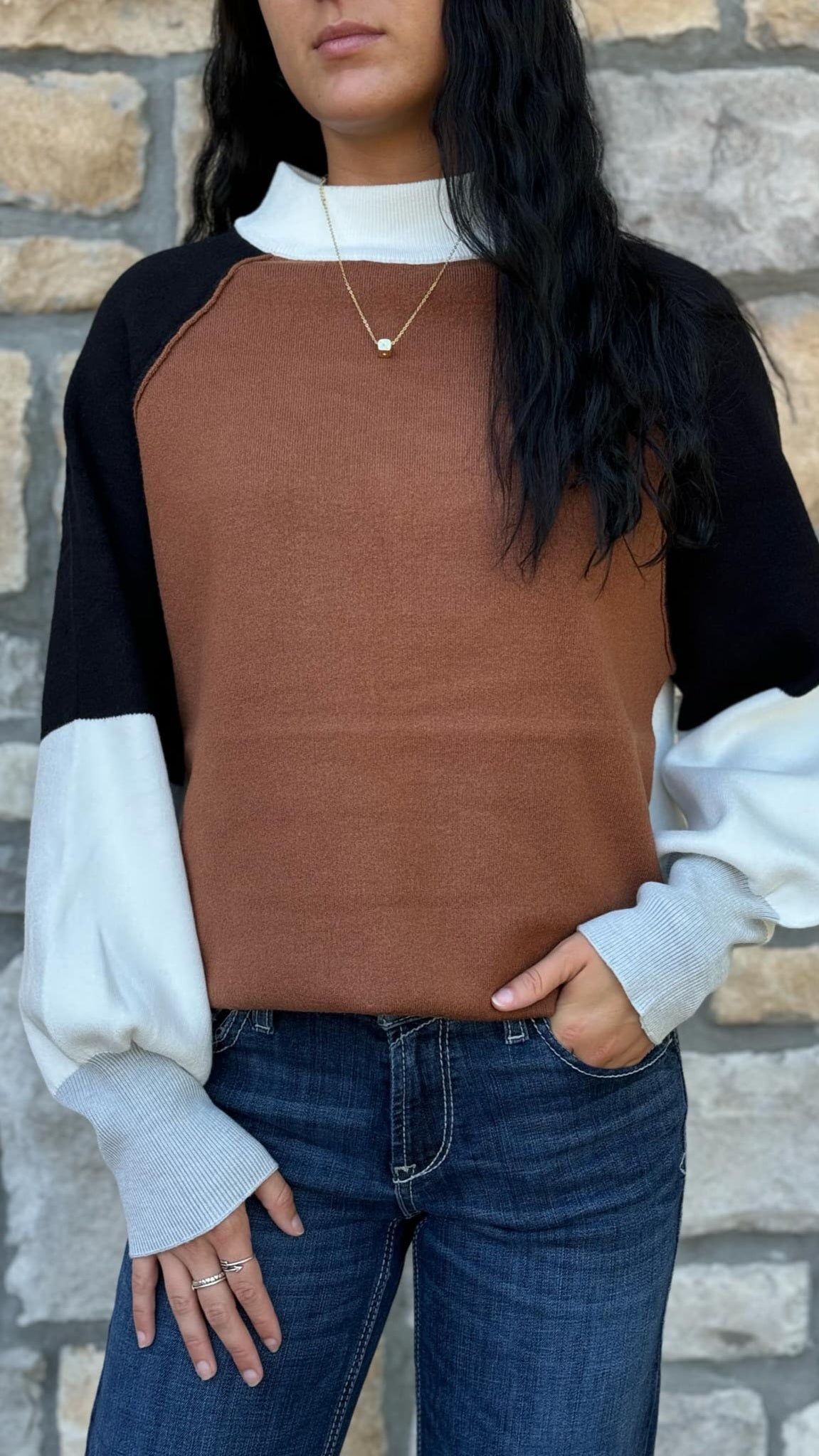 Color Block Mock Neck Sweater