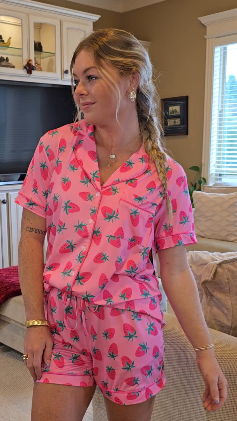 Loungewear Set with Pink Strawberry Print