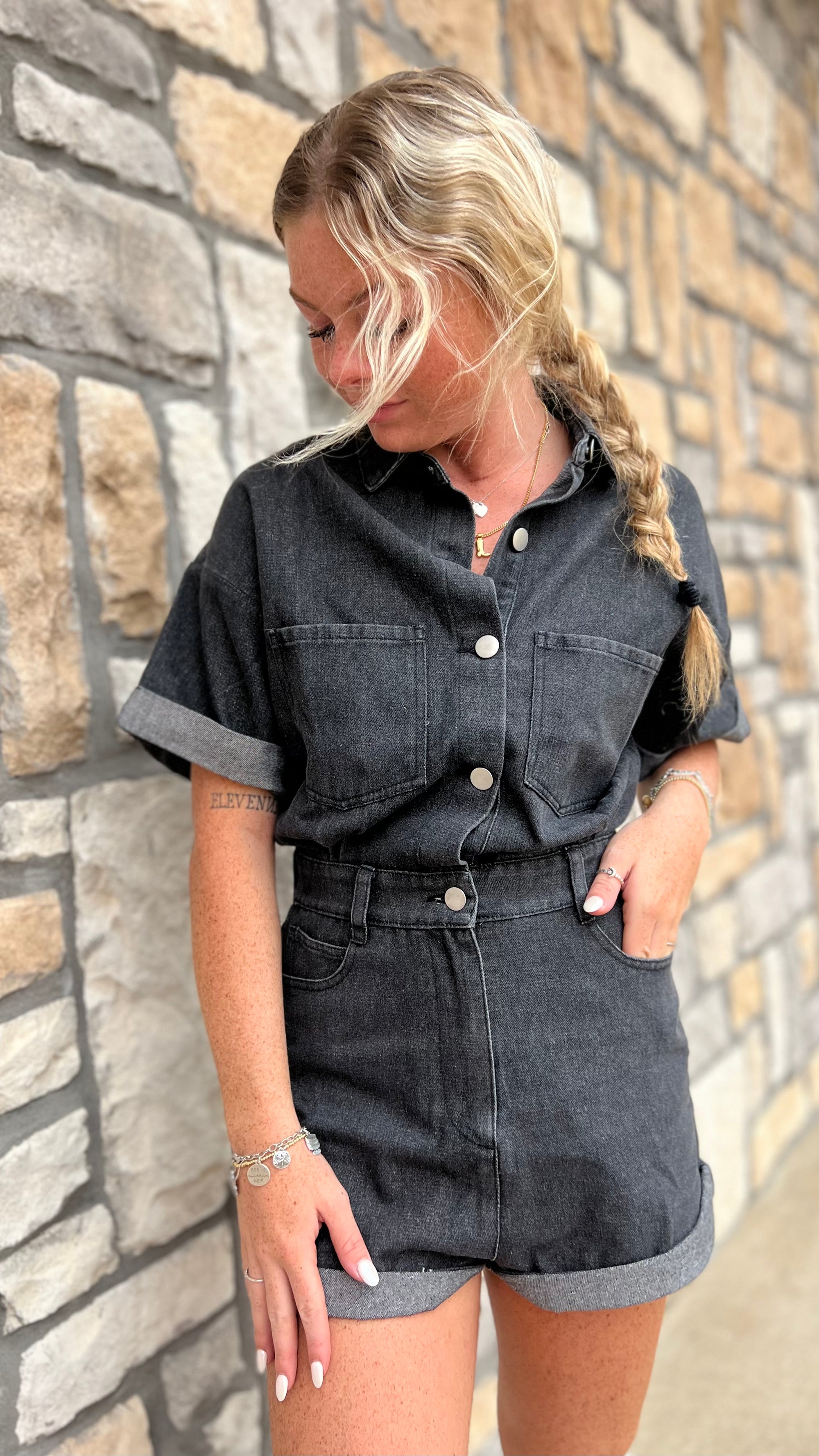 Classic Washed Button Front Denim Romper in 2 Colors