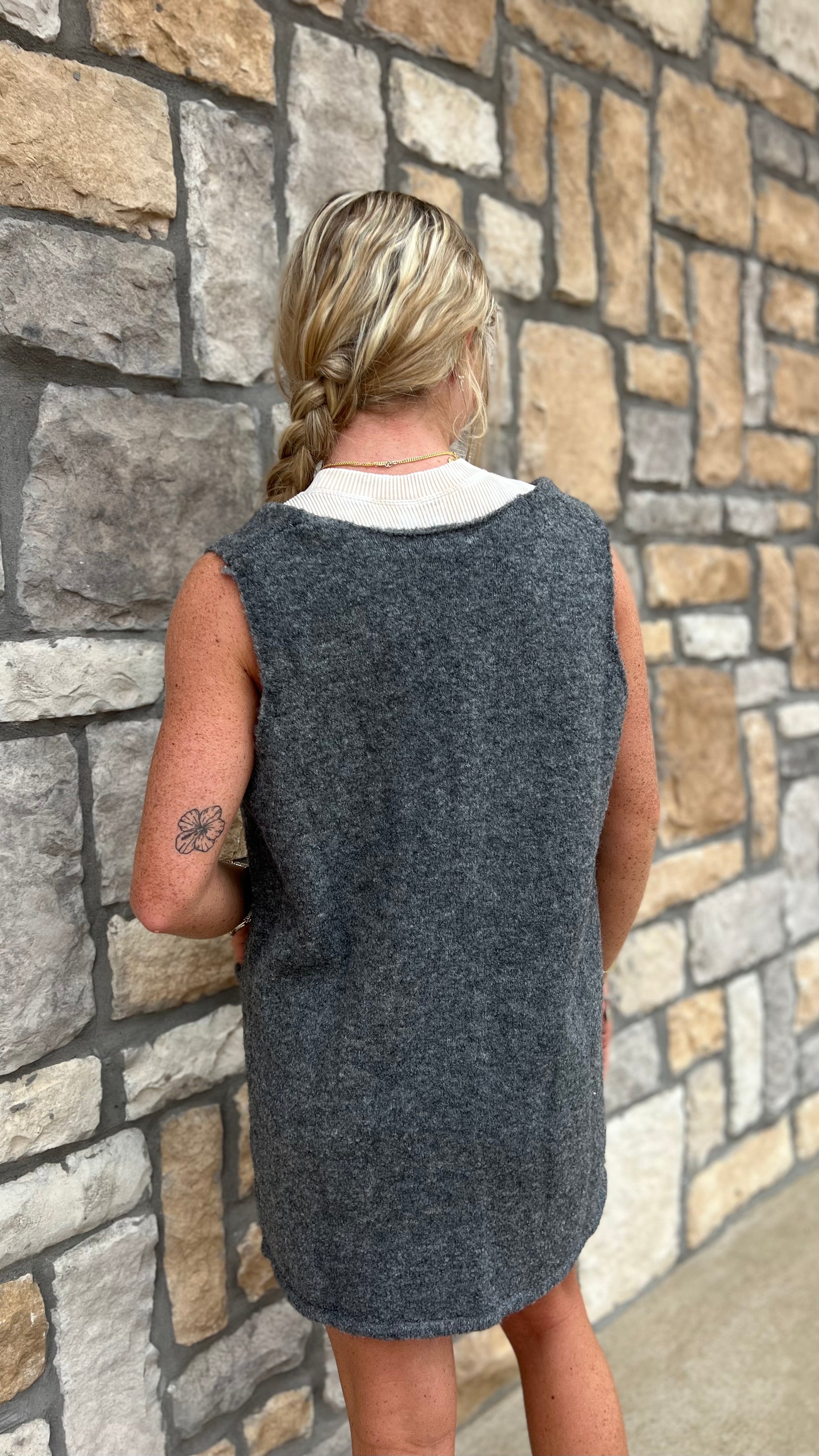 V-Neck Front Pocket Vest Mini Sweater Dress