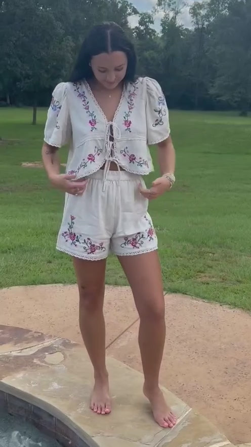 Floral Embroidery Dropped Blouse and Short Set