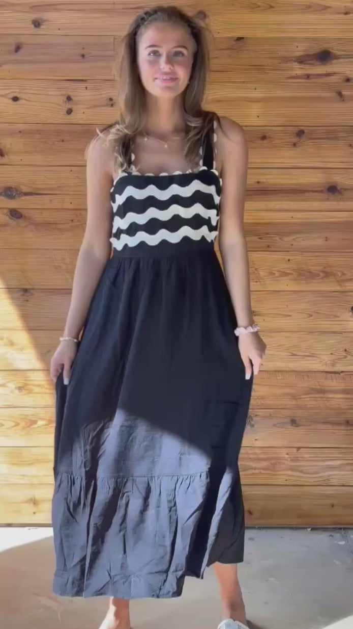 Black Sleeveless Maxi Dress with Ivory Scallop Detail