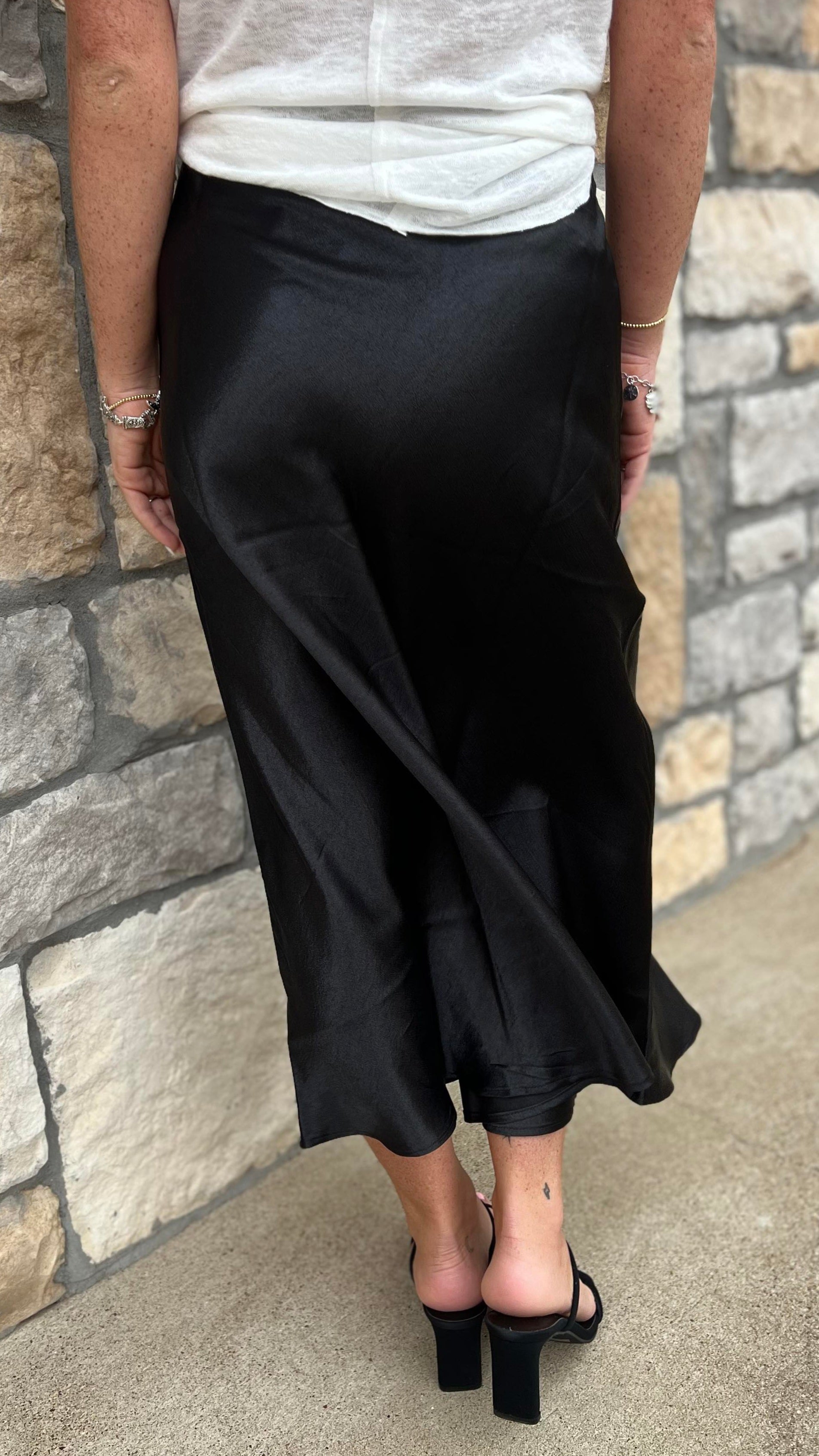 High Waist Satin Midi Skirt in Black