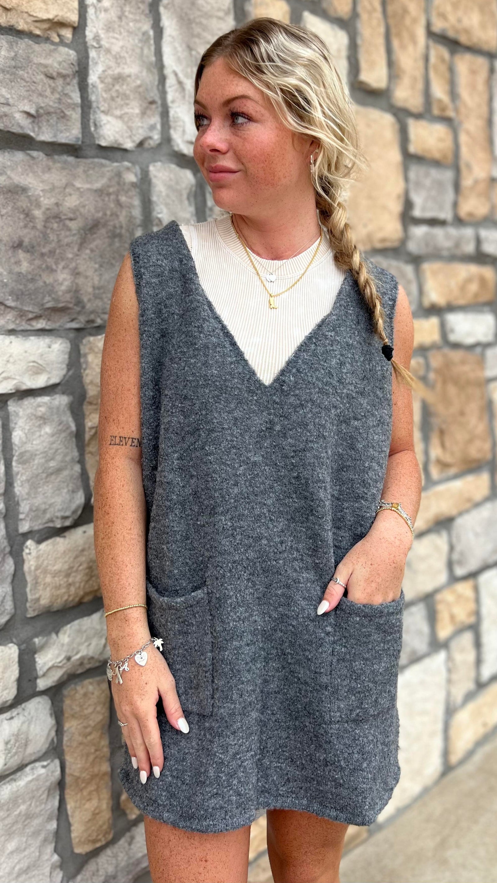 V-Neck Front Pocket Vest Mini Sweater Dress