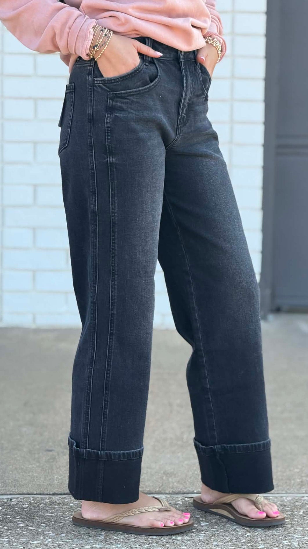 Vervet Kris Super High Rise Cuffed Baggy Wide Leg Jean T6515 Black