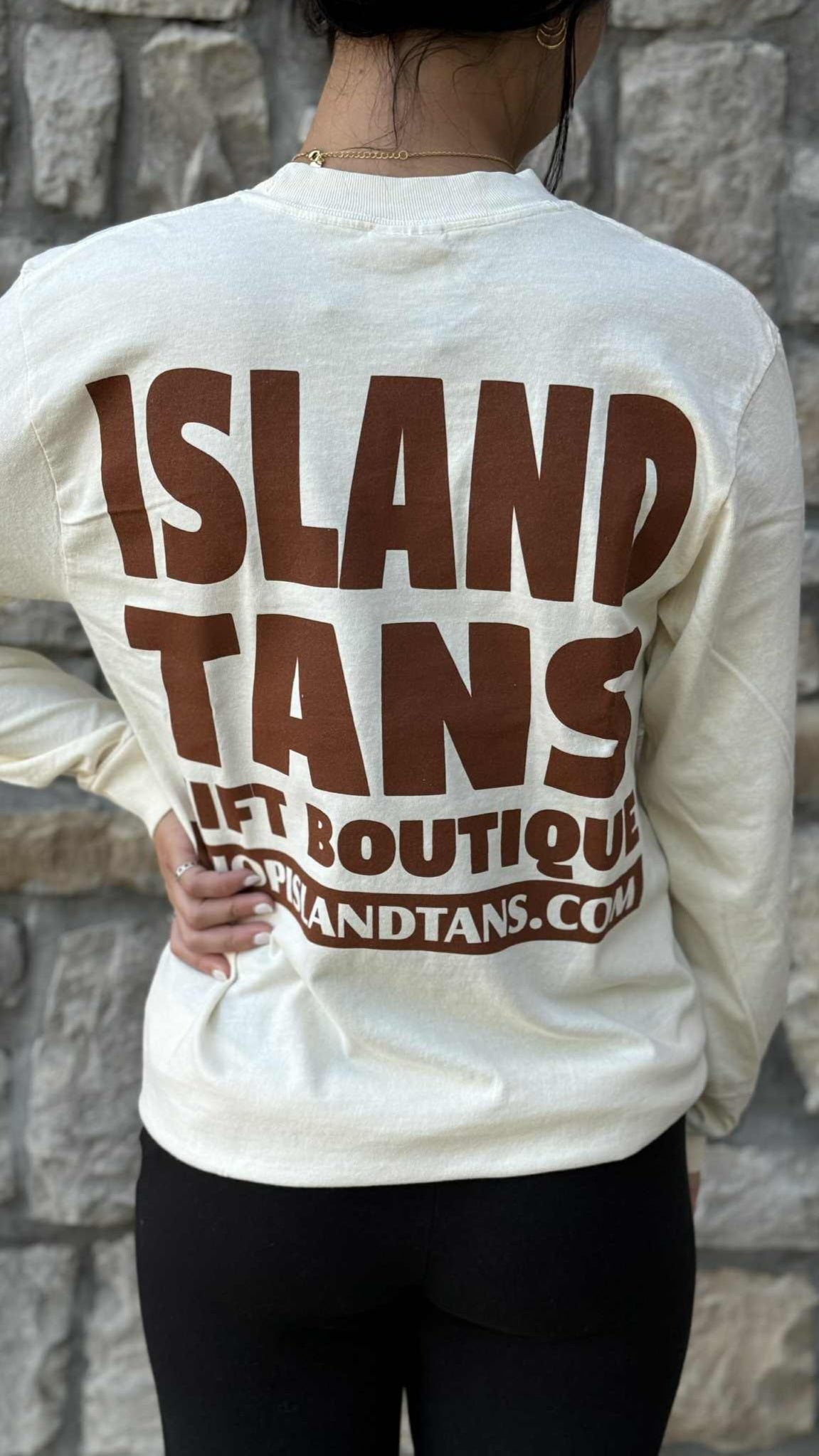 Island Tans Logo Tee- LS Ivory with Brown