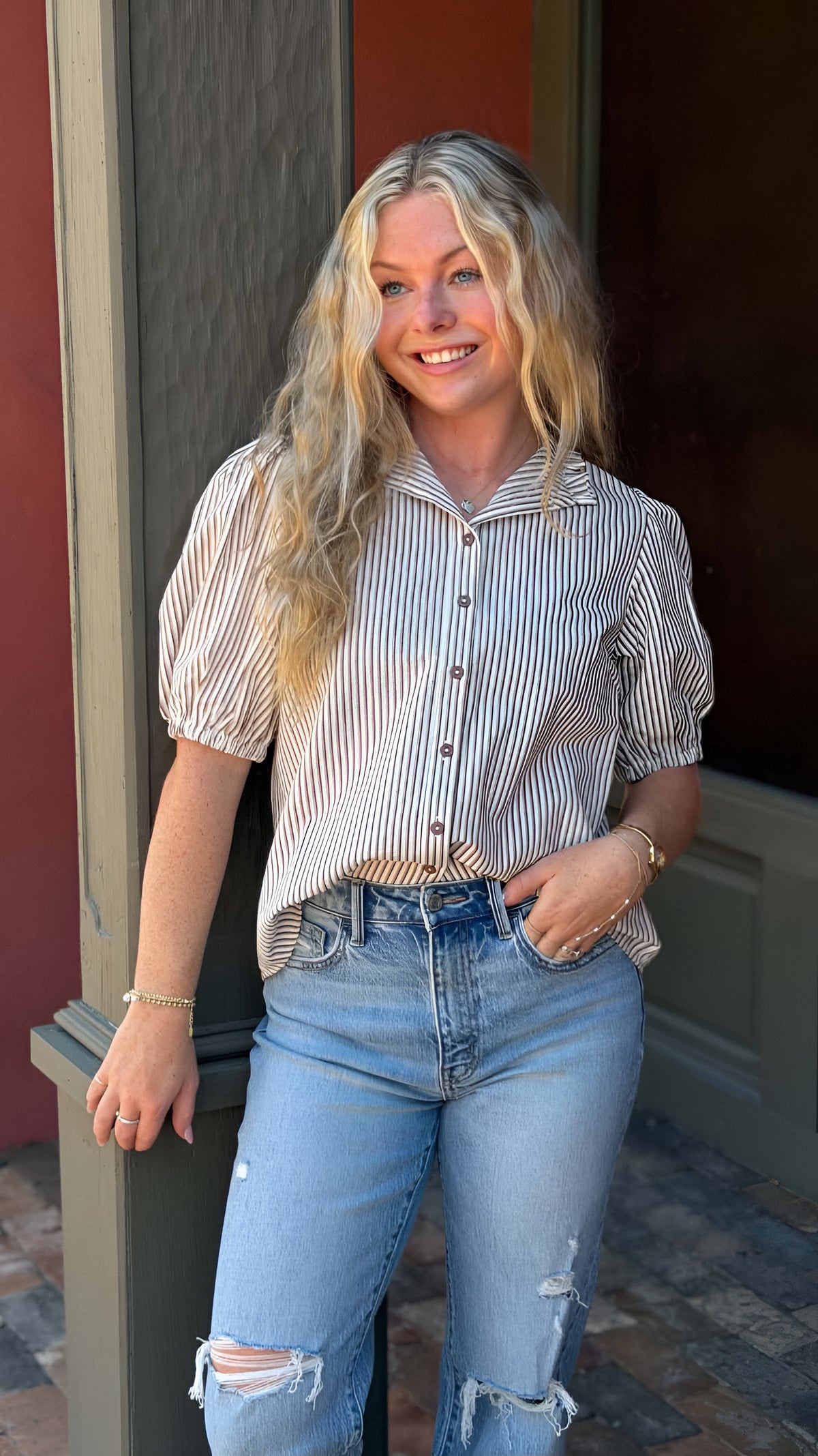 Autumn Charm Striped Ruffle Neck Button Down Top