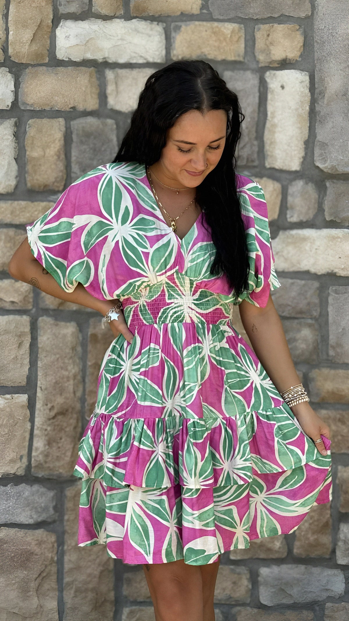 Drop Shoulder Short Sleeve Woven Print Dress