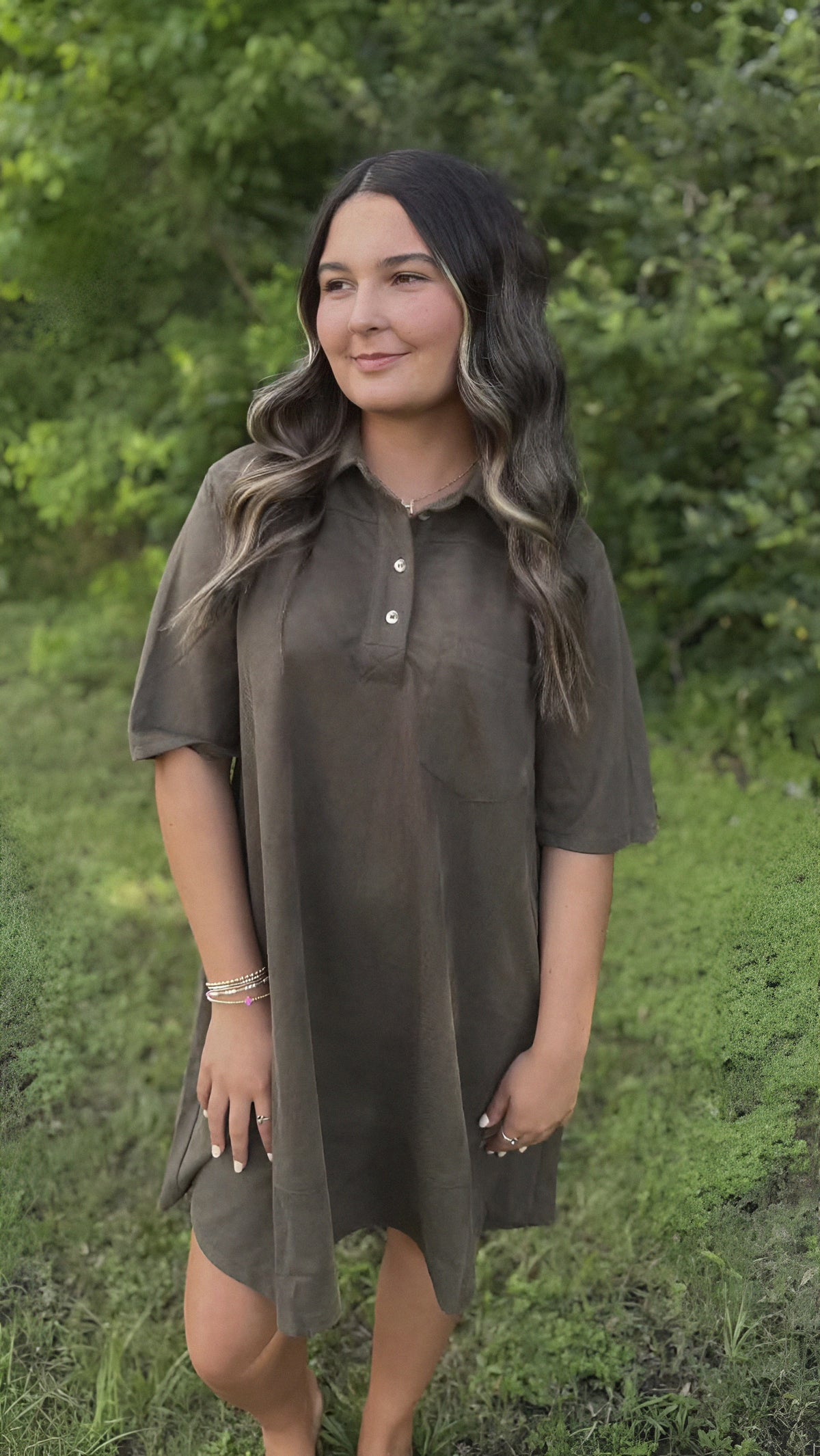 Collared Suede Mini Dress with Pockets In Dep Green