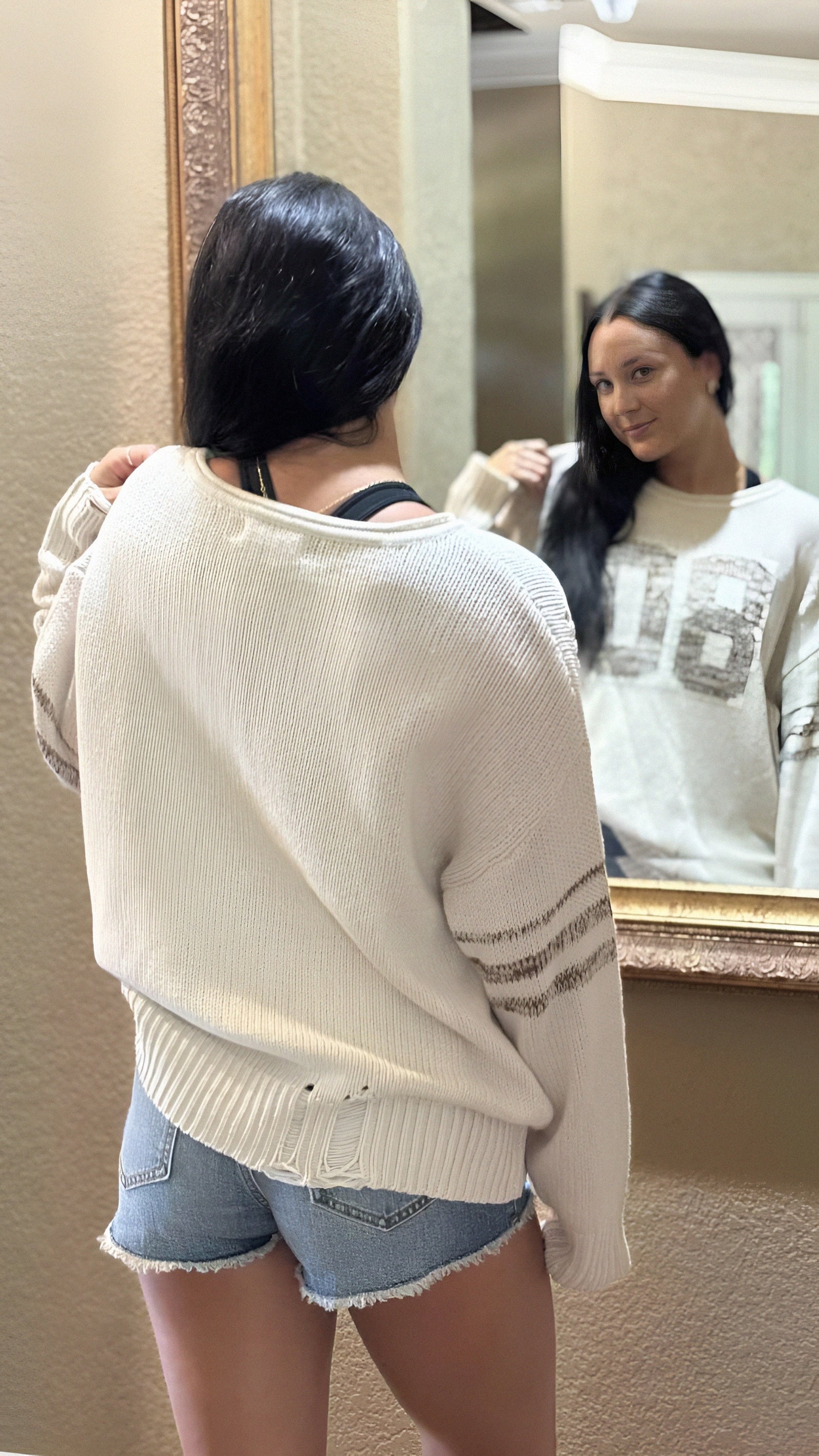 Varsity Knit Distressed Long Sleeve Top