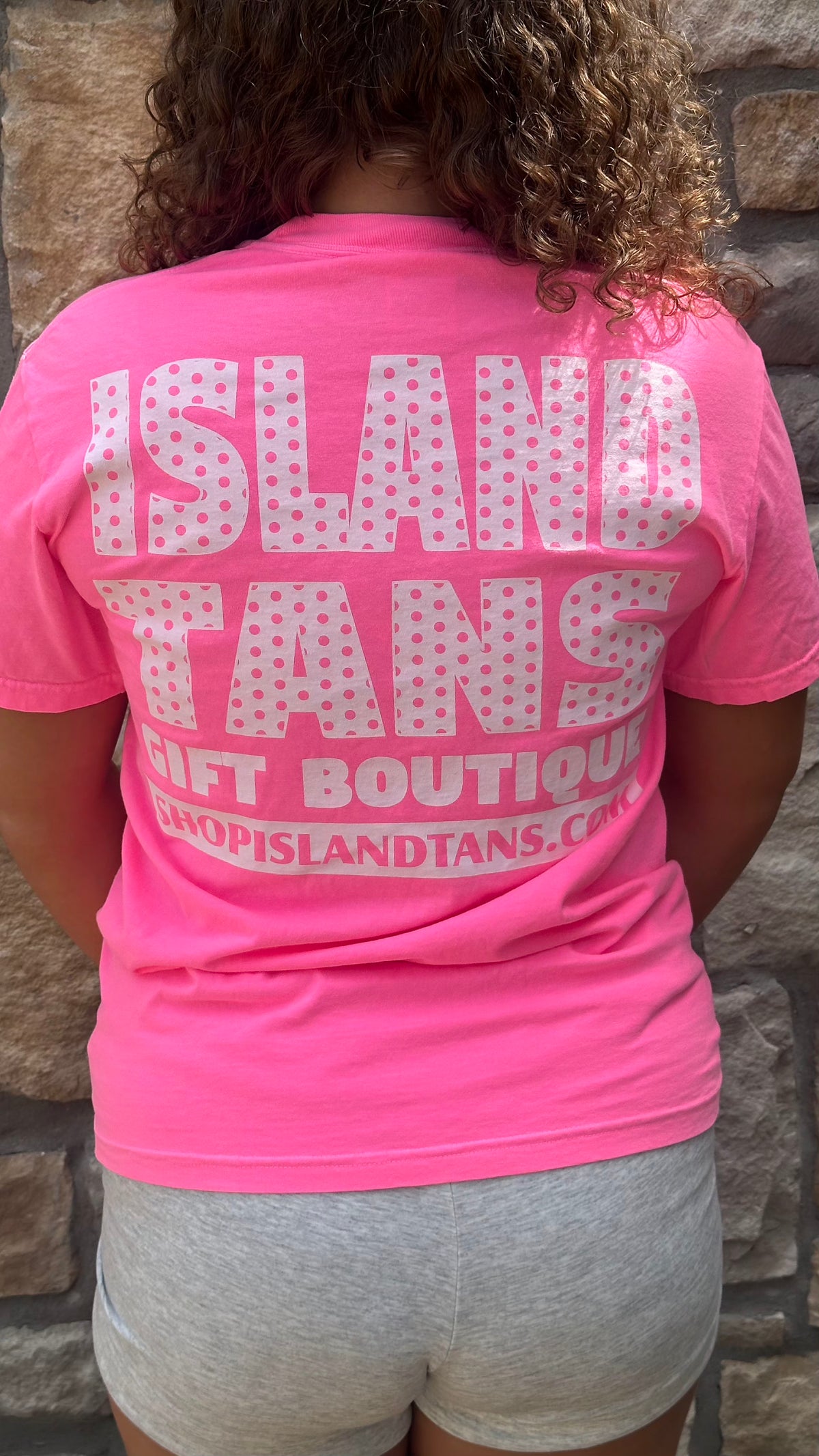 Island Tans Logo Tee- Hot Pink with White (Polka Dots)
