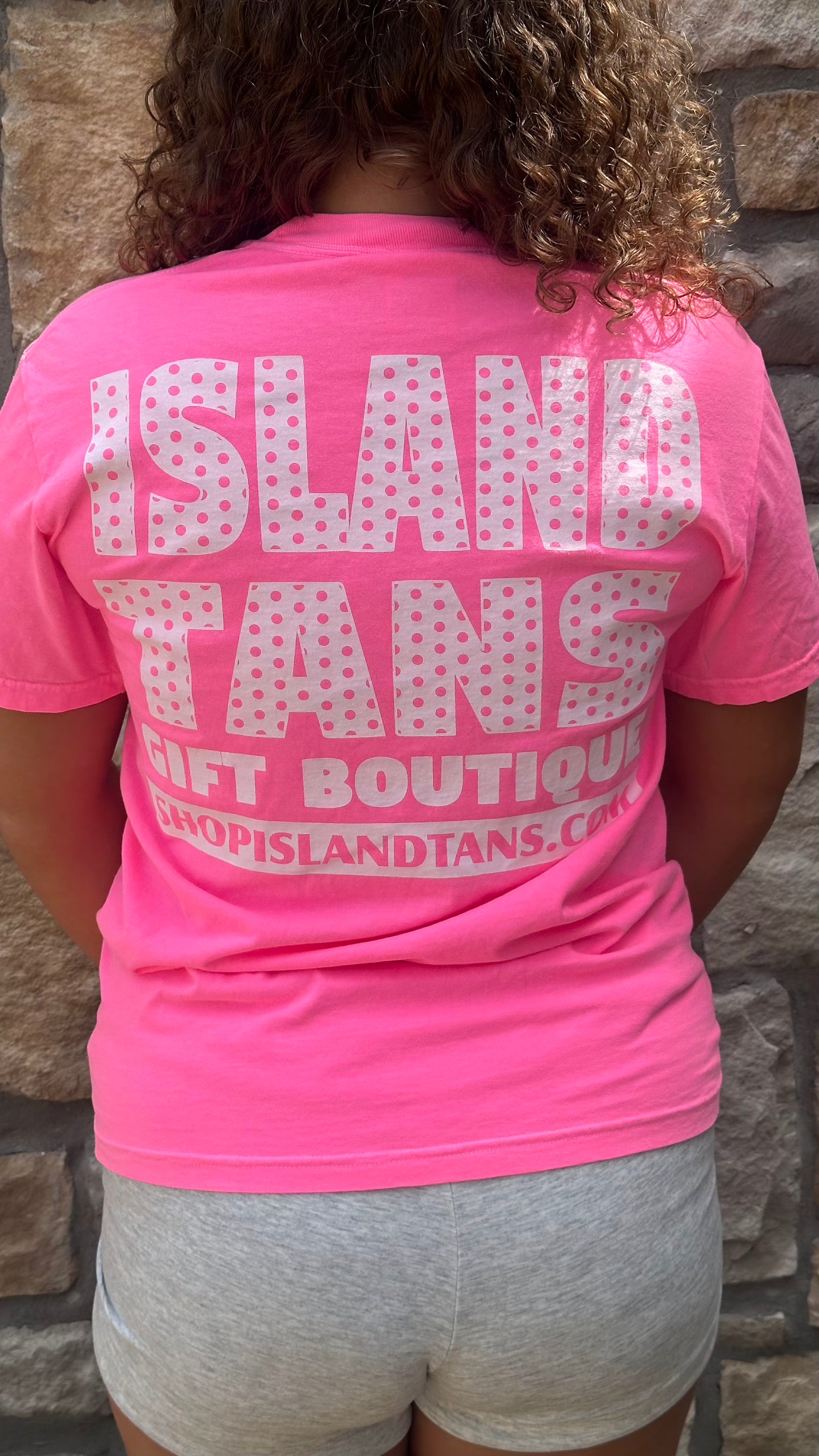 Island Tans Logo Tee- Hot Pink with White (Polka Dots)