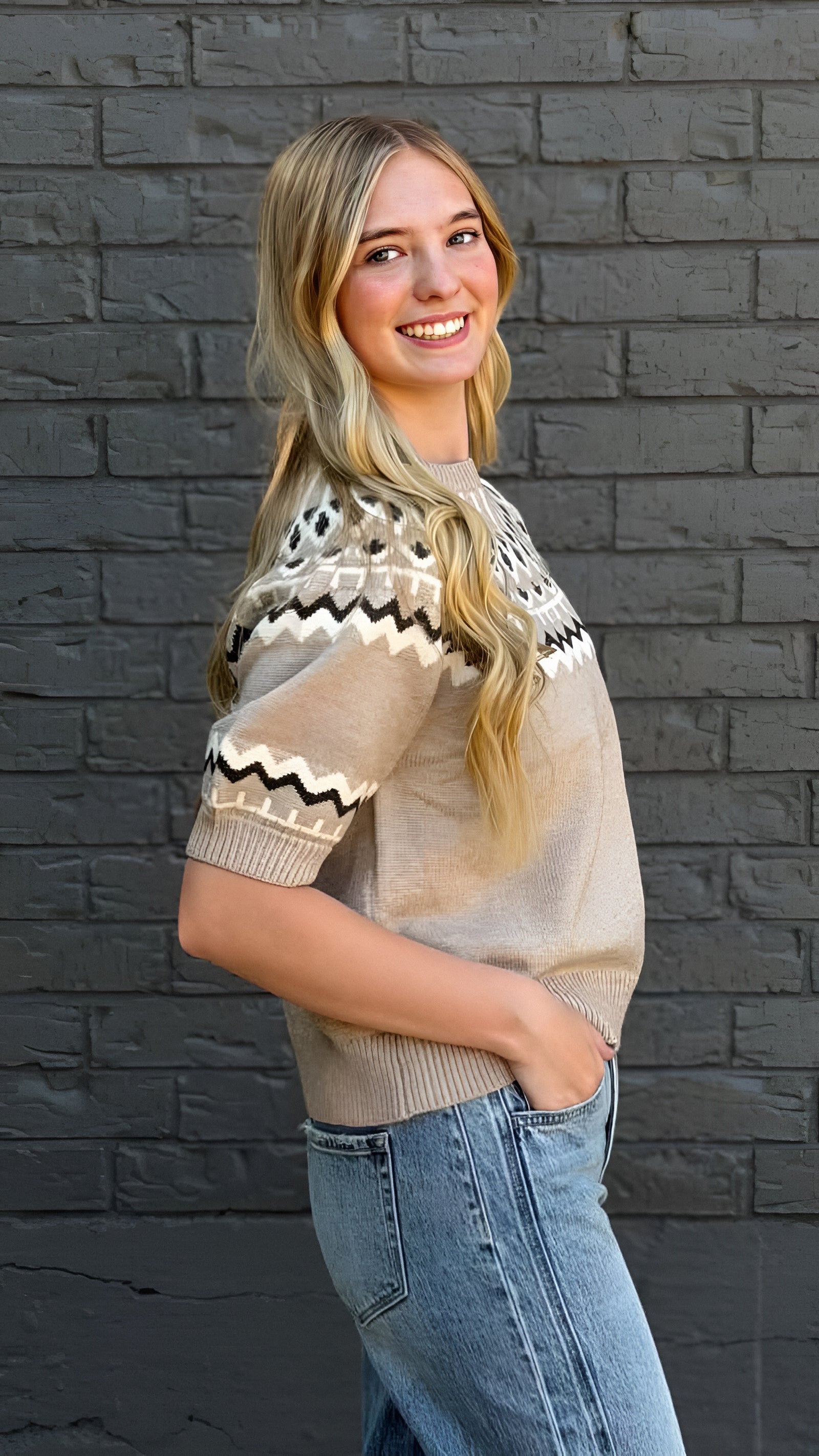 Nordic Charm Puff Sleeve Sweater Top in 2 Colors