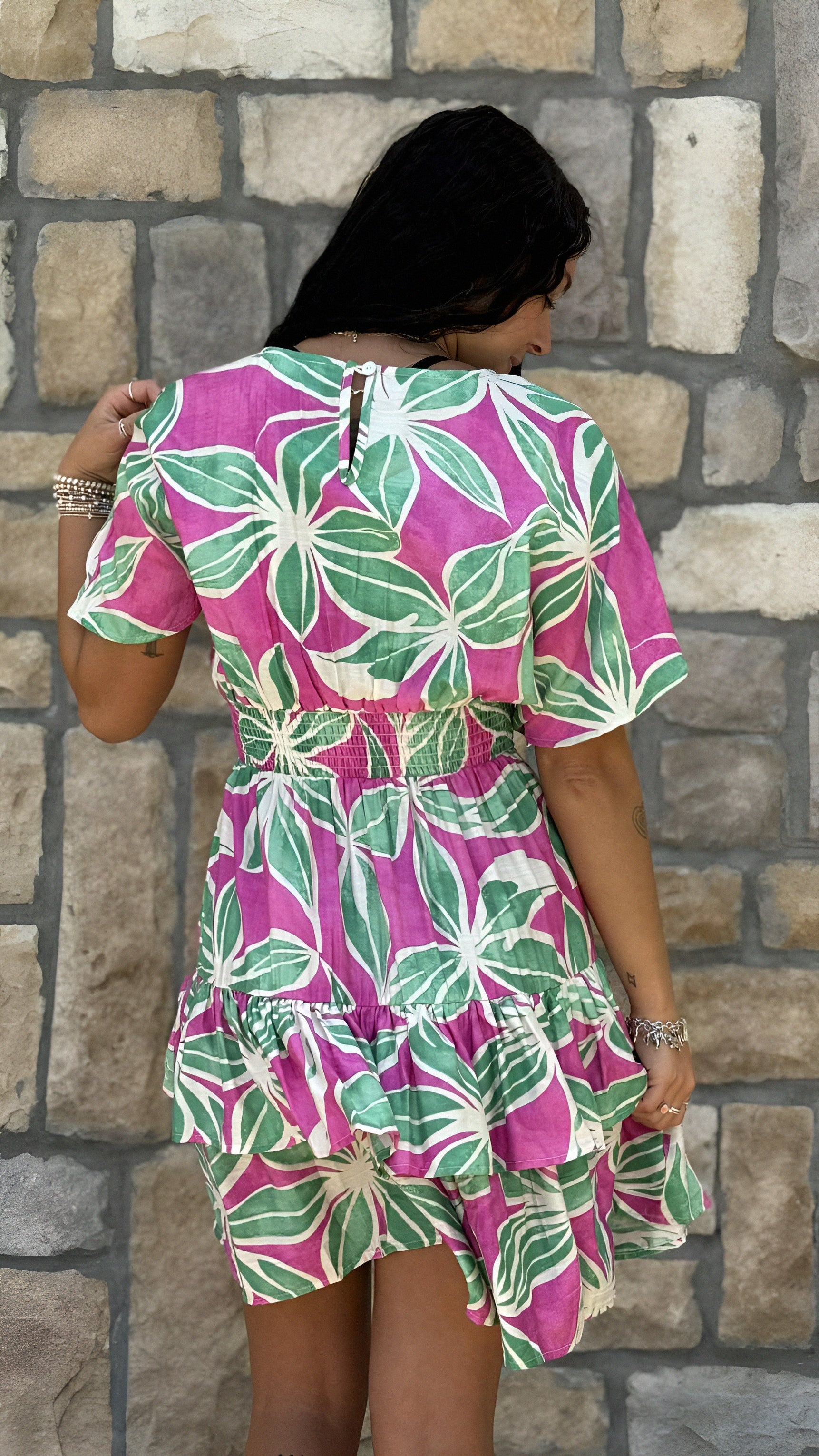 Drop Shoulder Short Sleeve Woven Print Dress