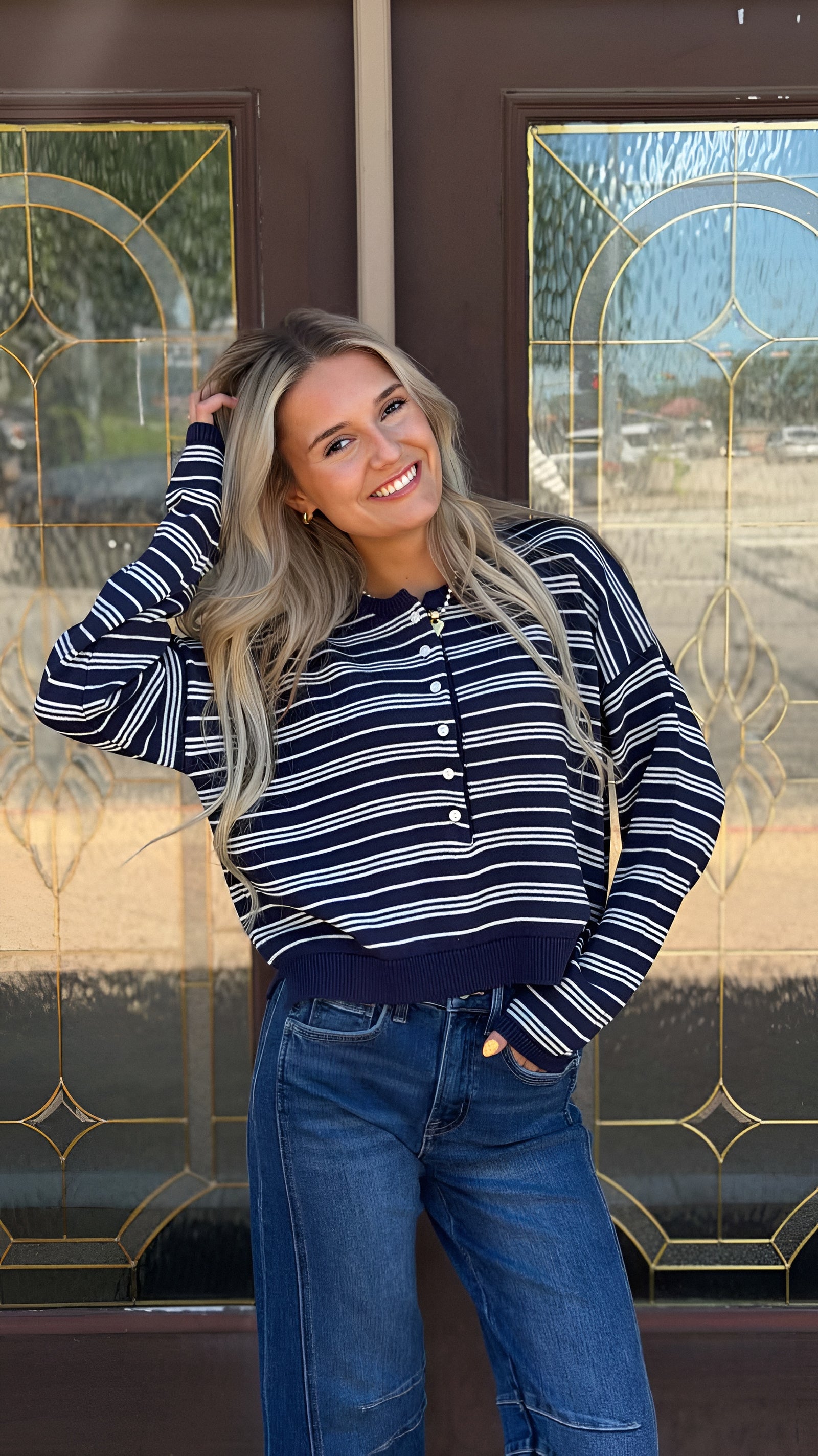 Harbor Stripe Henley Sweater Top in 2 Colors