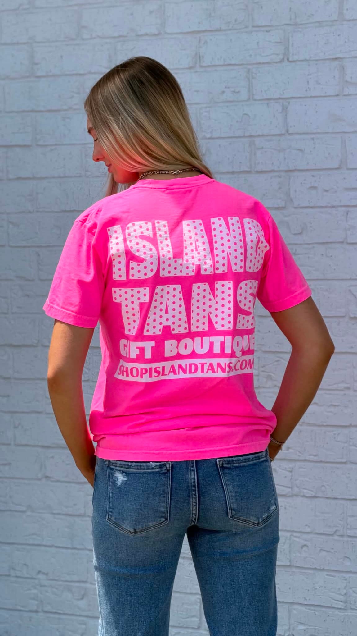 Island Tans Logo Tee- Hot Pink with White (Polka Dots)
