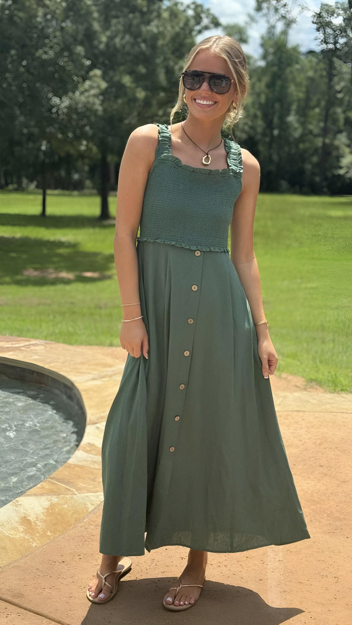 Smocked Sleeveless Button Down Midi Dress