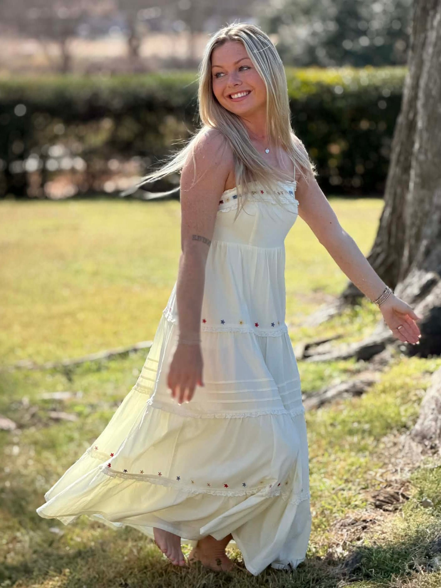 Ivory Bloom Embroidered Tiered Maxi Dress