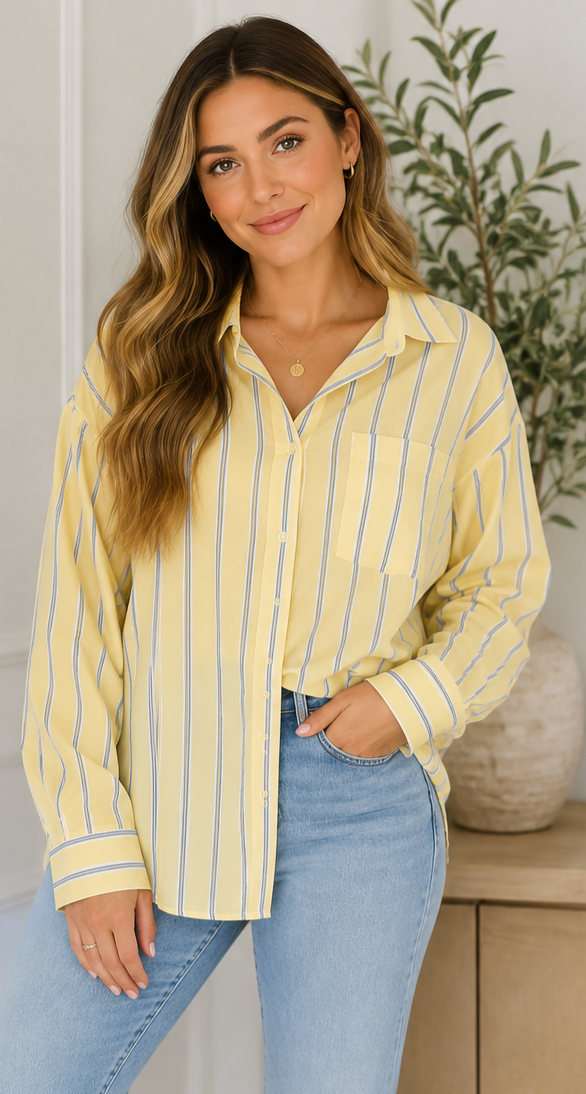 Lemon Stripe Button Up Top