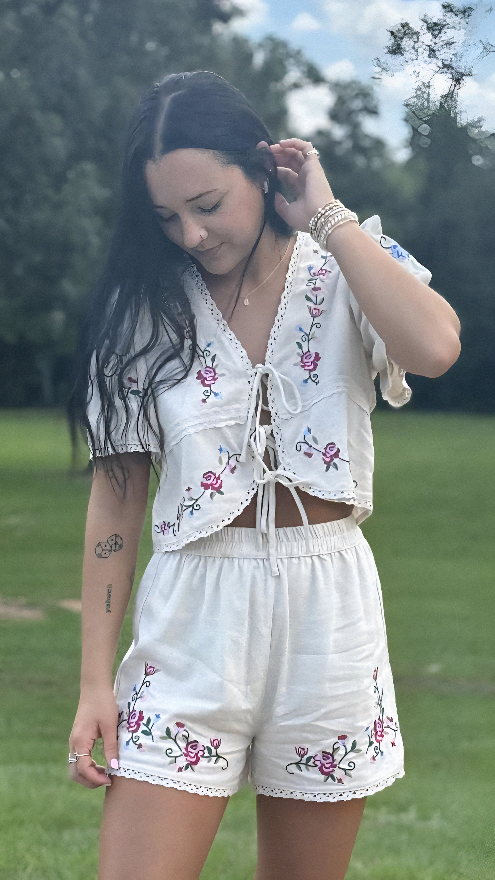 Floral Embroidery Dropped Blouse and Short Set