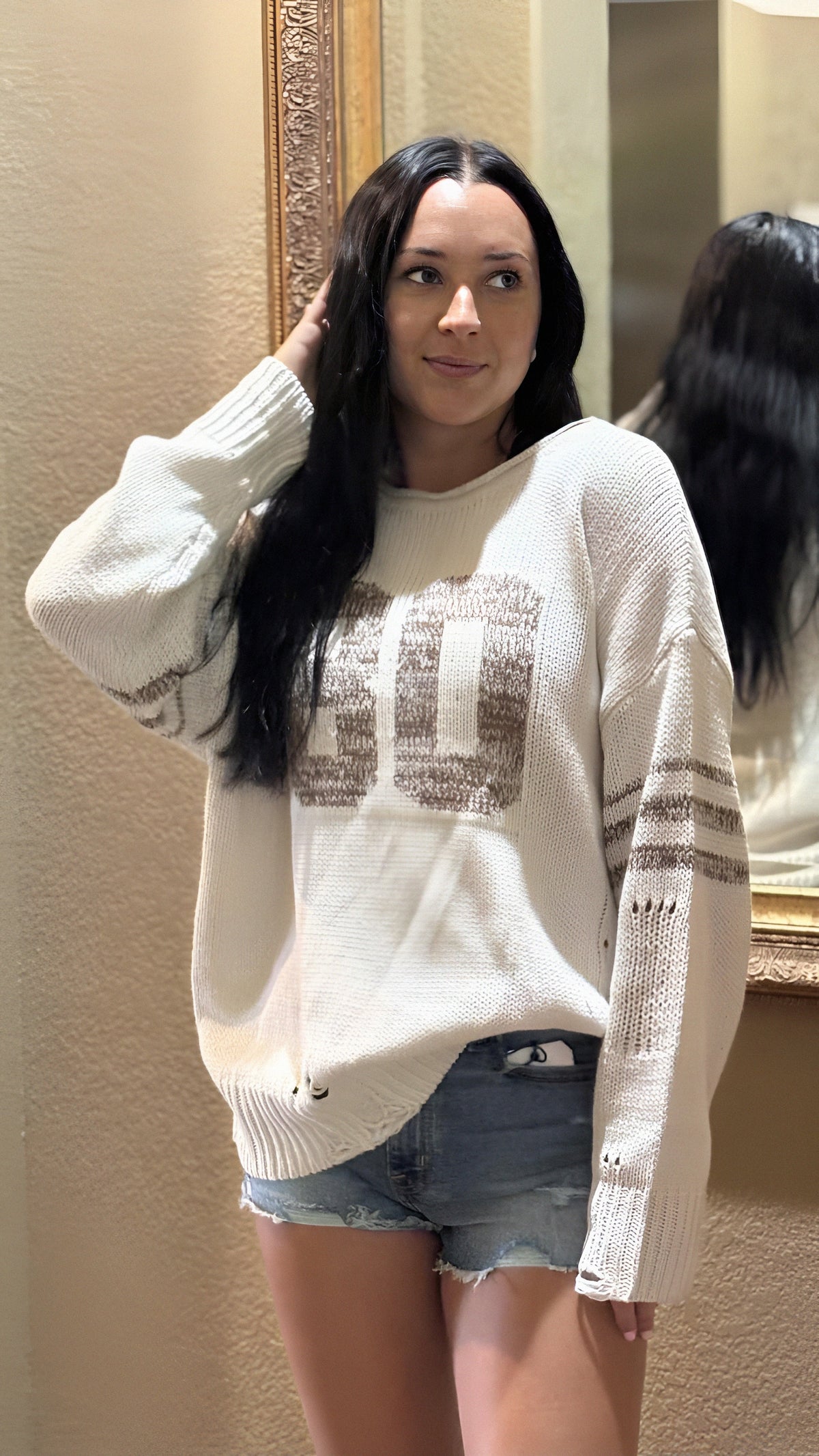 Varsity Knit Distressed Long Sleeve Top