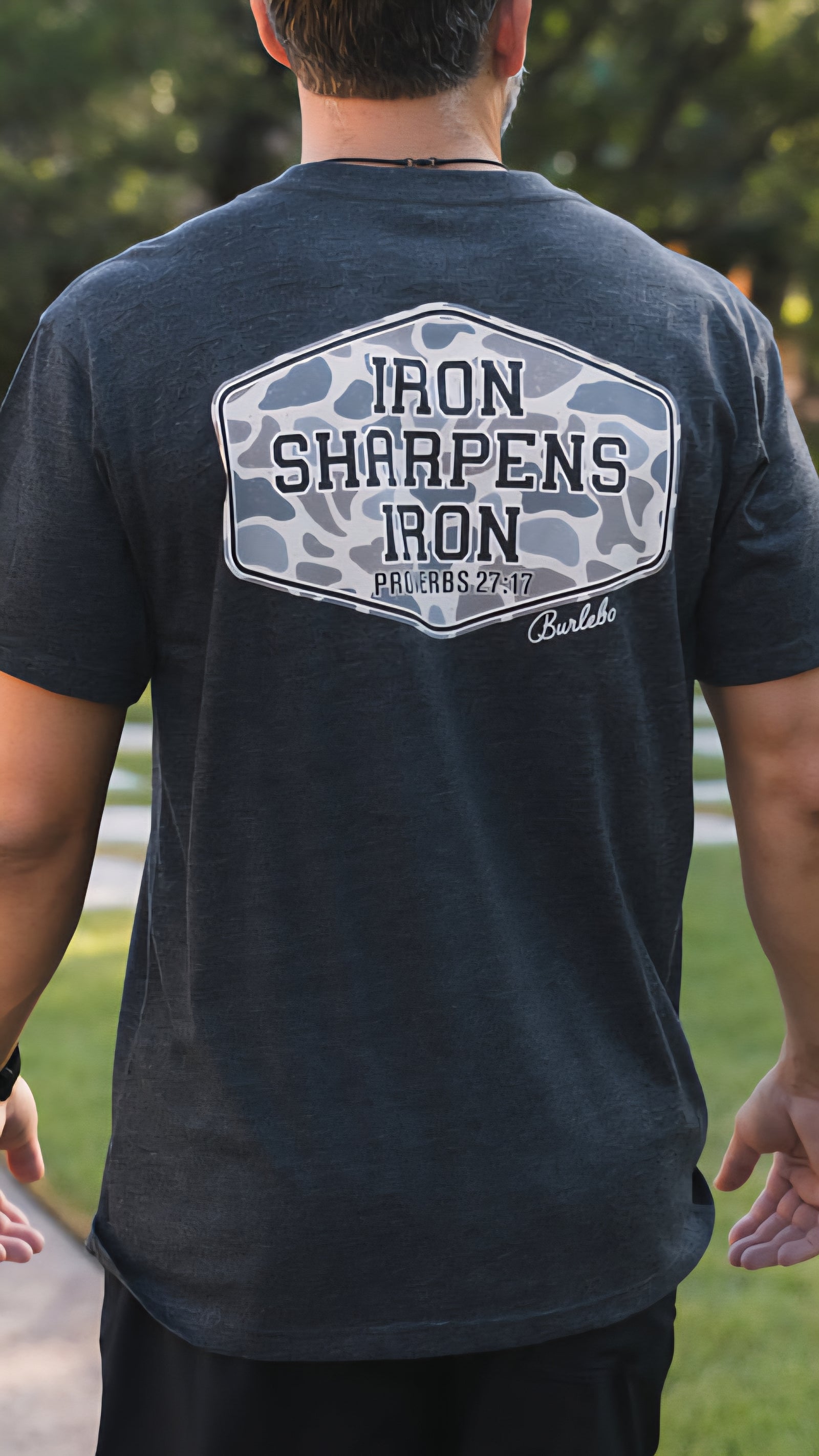 Burlebo Short Sleeve Tee Iron Sharpens Iron on Heather Black