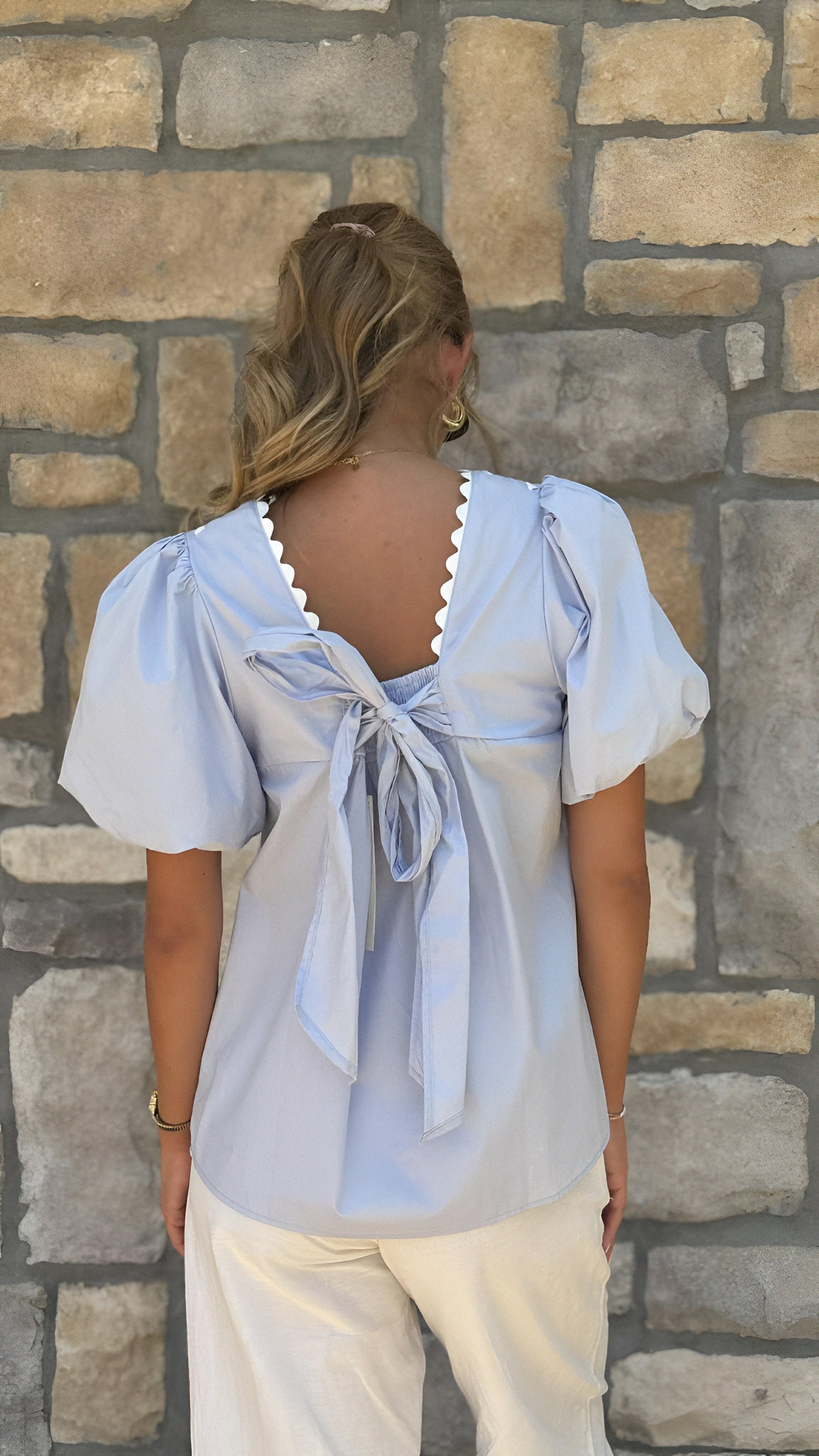 Puff Sleeve Poplin Babydoll with Back Bow
