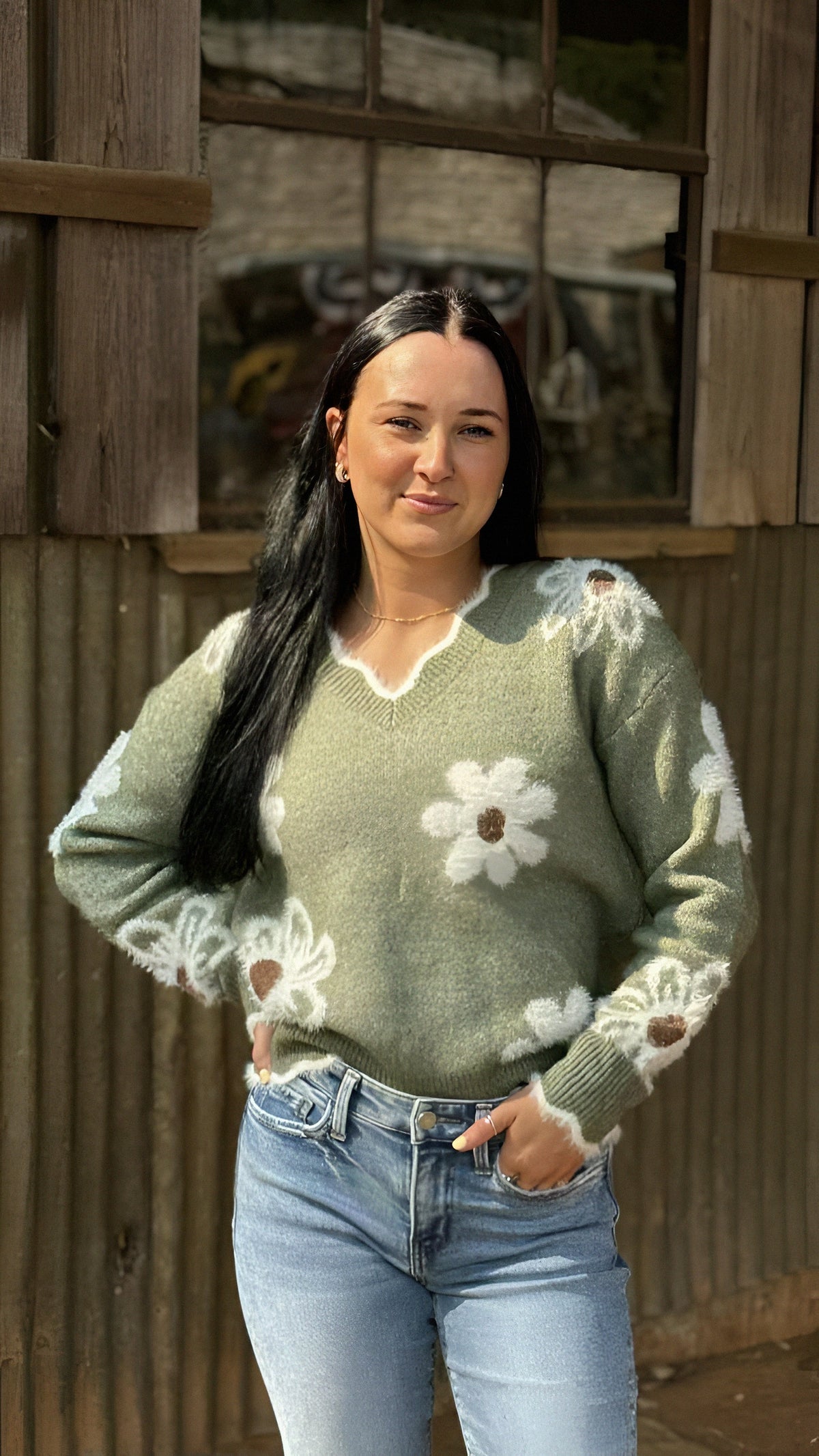 Jacquard Flower V-Neck Sweater