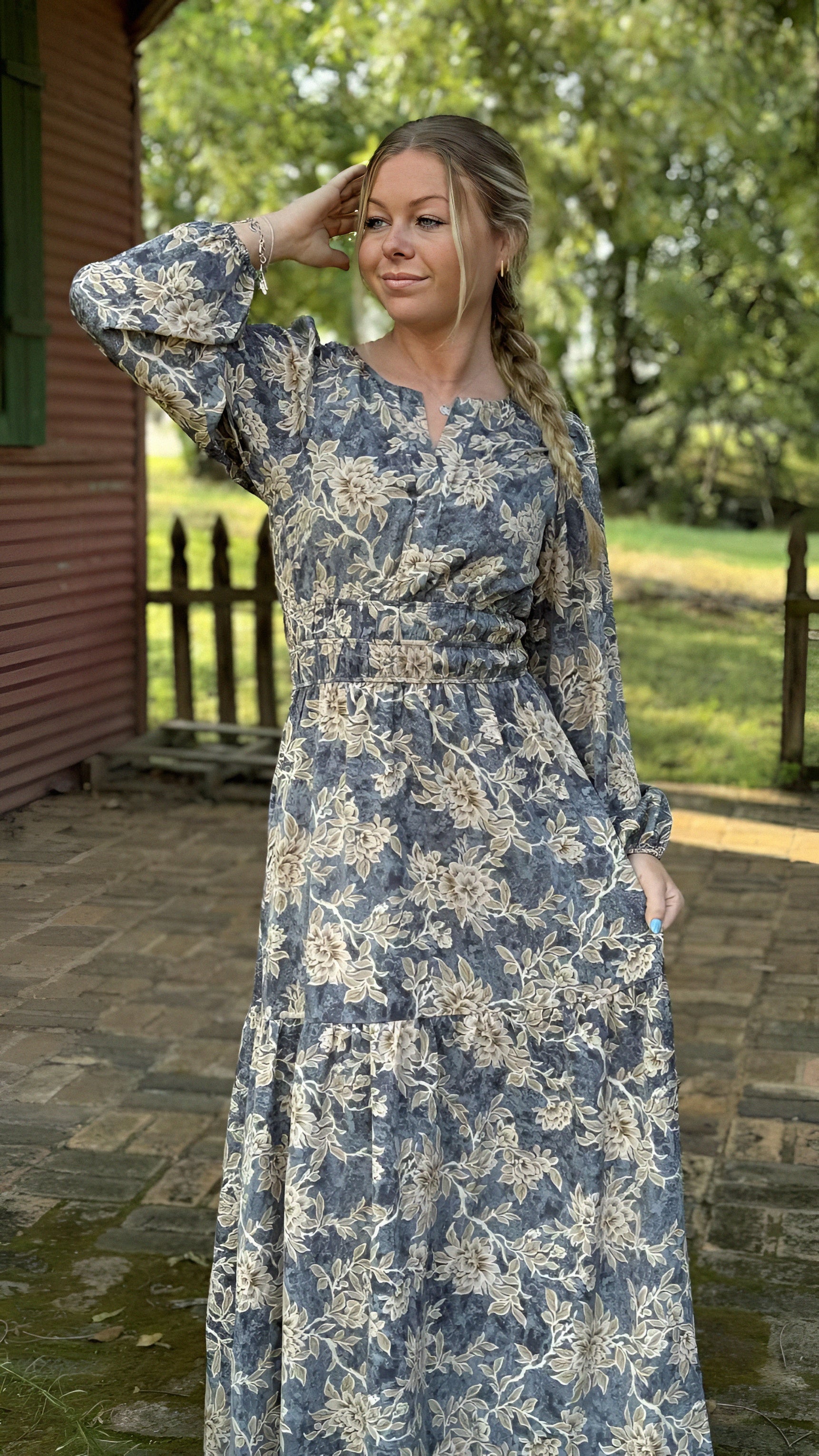 Long Sleeve Woven Tiered Maxi Dress in 2 Colors
