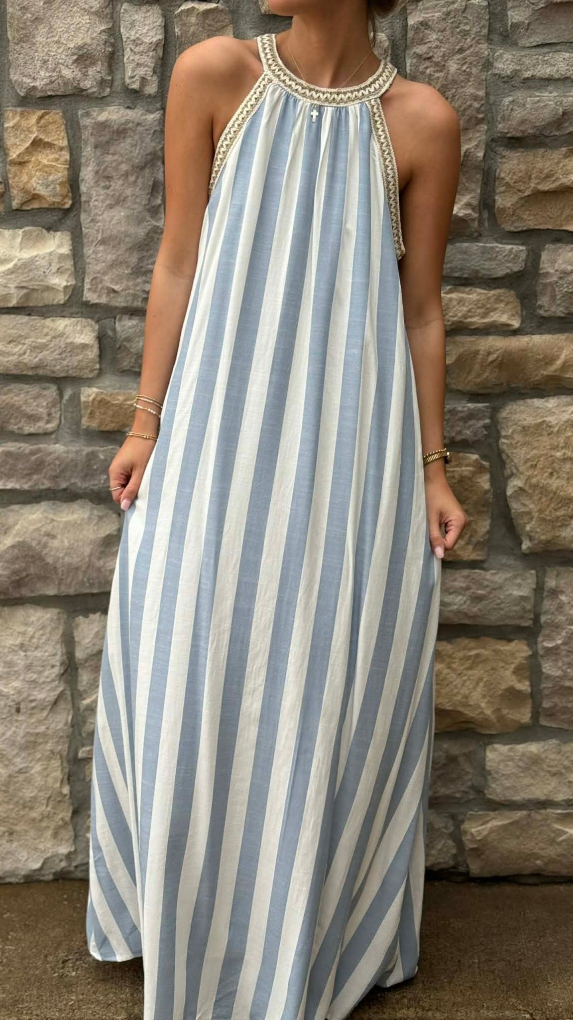 Timeless Trim Halter Maxi Dress with Pockets in 2 Colors